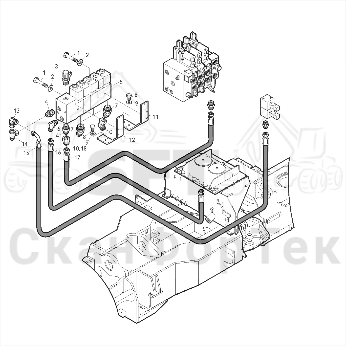 Схема: Valmet / Форвардер / Valmet 840.2 / Valmet 840.2 Ch. -211120 / Valmet 840.2 Ch. -211120 / Каталог запасных частей / Оборудование захвата / Захват / Valmet 801c Ch -11730 / Каталог запасных частей / Гидравлика / Клапан обслуживания / Клапан обслуживания