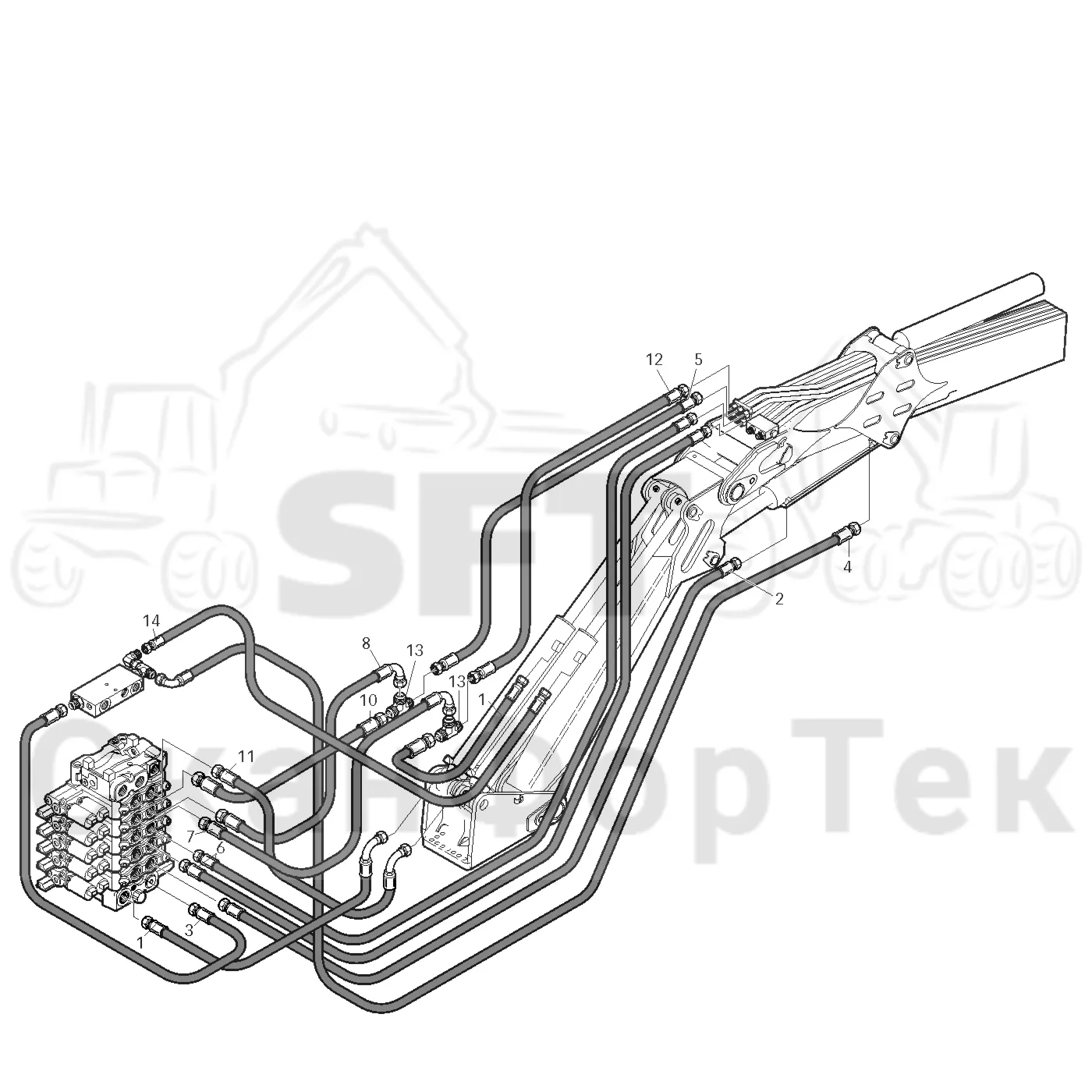 Схема: Valmet / Форвардер / Valmet 840.3 / Valmet 840.3 Ch. -311173 / Valmet 840.3 Ch. -311173 / Каталог запасных частей / Оборудование захвата / Захват / Valmet 801c Ch -11730 / Каталог запасных частей / Подъемный кран / Базовая гидравлика / Hose routing CRH crane