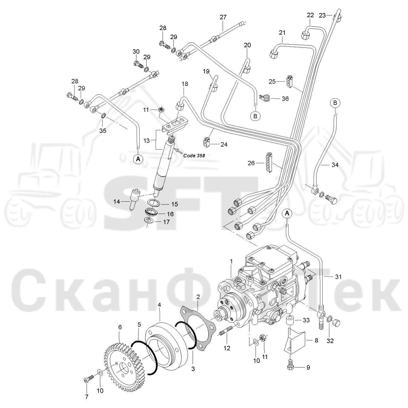 Схема: Valmet / Лесозаготовительные машины / Valmet 801 c / Valmet 801c Ch 11800- / Valmet 801c Ch 11800- / Каталог запасных частей / Двигатель / Топливная система / Инжекторный насос