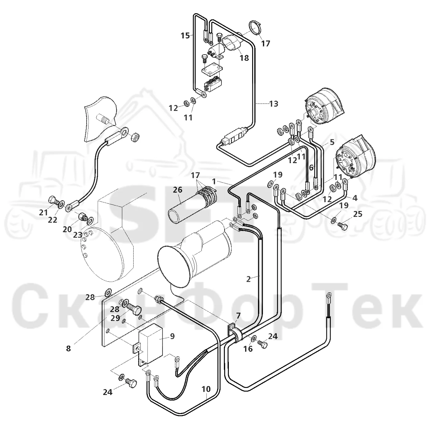 Схема: Valmet / Лесозаготовительные машины / Valmet 801 c / Valmet 801c Ch 11800- / Valmet 801c Ch 11800- / Каталог запасных частей / Двигатель / Электродвигатель стартера / Комплект электрооборудования электродвигателя стартера