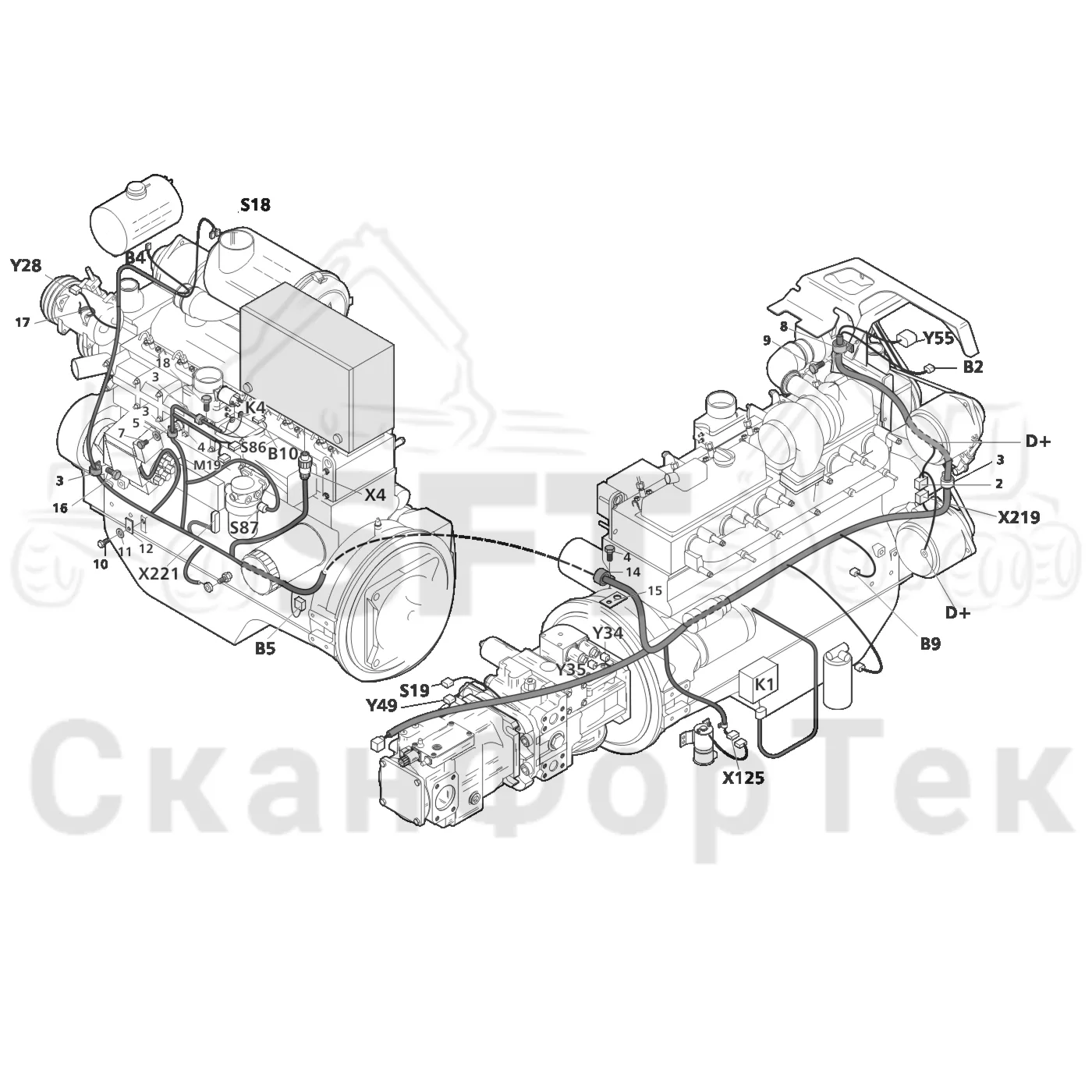 Схема: Valmet / Лесозаготовительные машины / Valmet 801 c / Valmet 801c Ch 11800- / Valmet 801c Ch 11800- / Каталог запасных частей / Двигатель / Электрический / Комплект кабелей двигателя