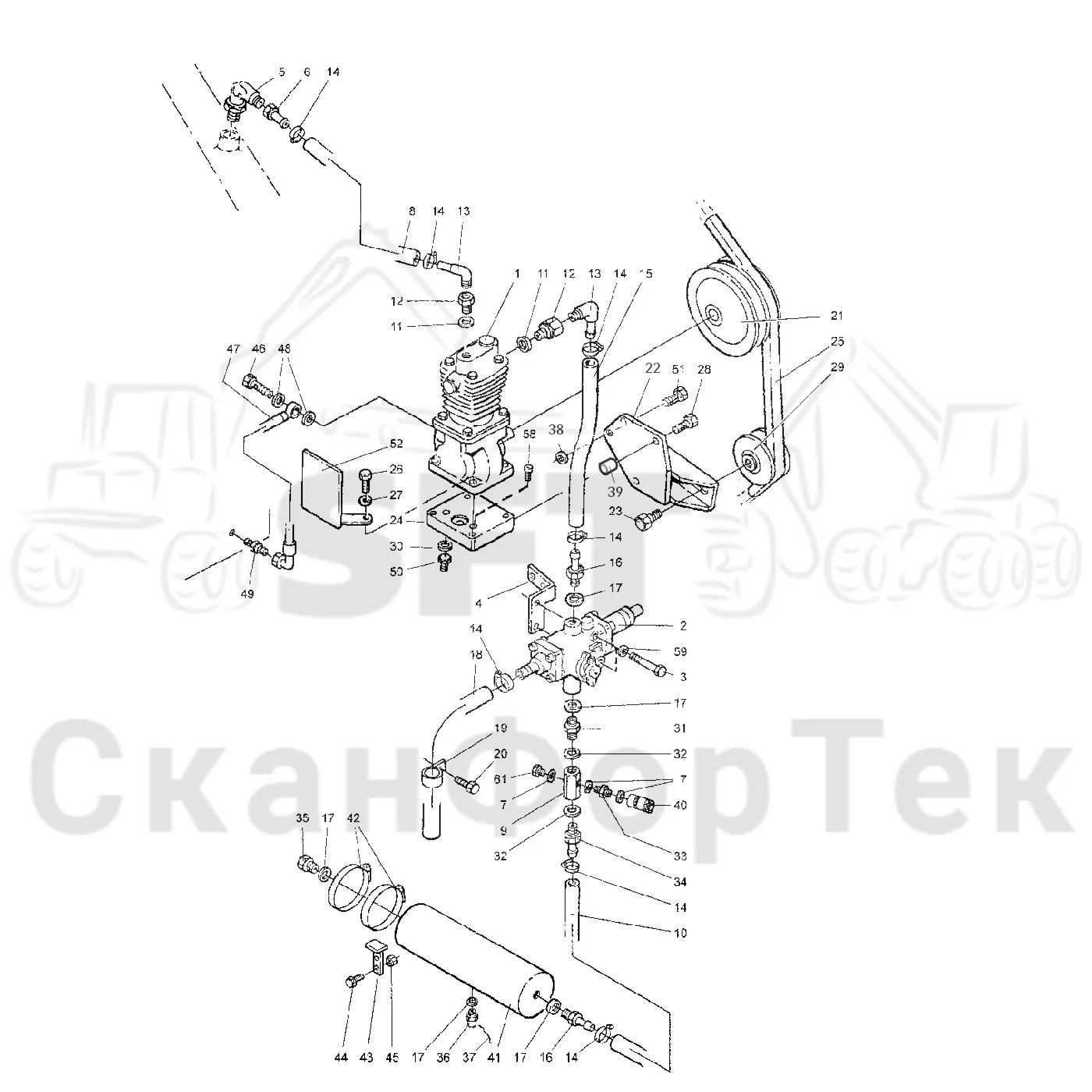 Схема: Valmet / Лесозаготовительные машины / Valmet 921.1 / Valmet 921.1 Ch. 113531- / Valmet 921.1 Ch. 113531- / Каталог запасных частей / Двигатель / Воздушный компресм3ор / Воздушный компресм3ор