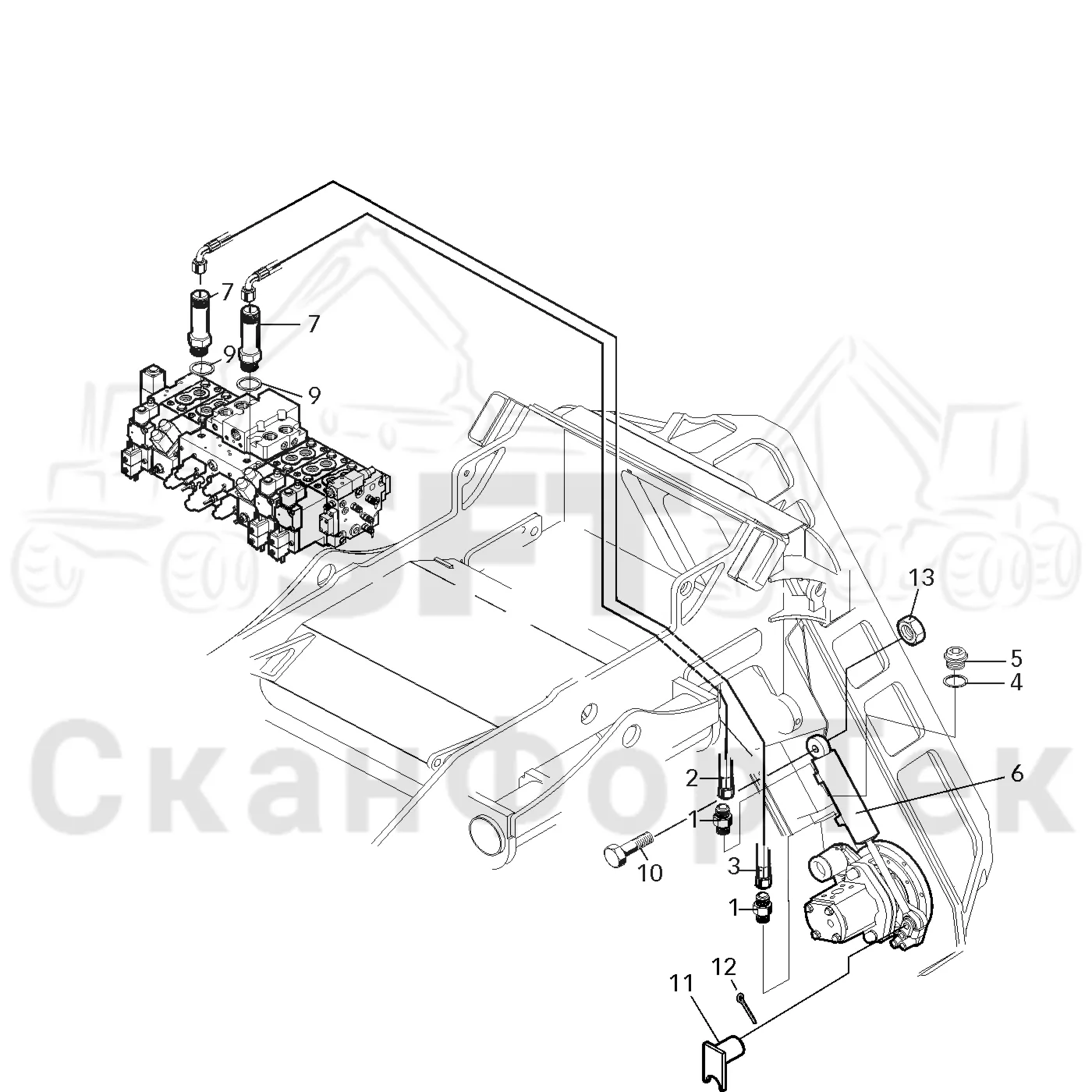 Схема: Valmet / Головки лесозаготовительной машины / Valmet 370 / Valmet 370   Ch. -11549 / Valmet 370   Ch. -11549 / Valmet 370 -11549 / Каталог запасных частей / Резка / Гидравлический привод цилиндра резки / Гидравлический привод цилиндра резки-11549