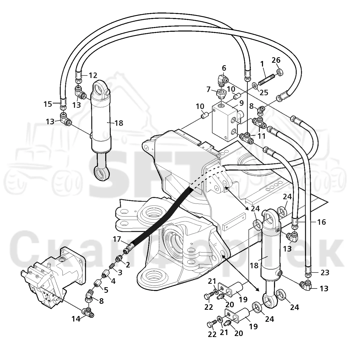 Схема: Valmet / Лесозаготовительные машины / Valmet 801 c / Valmet 801c Ch 11800- / Valmet 801c Ch 11800- / Каталог запасных частей / шасси / Стабилизация / Гидравлическое оборудование стабилизации