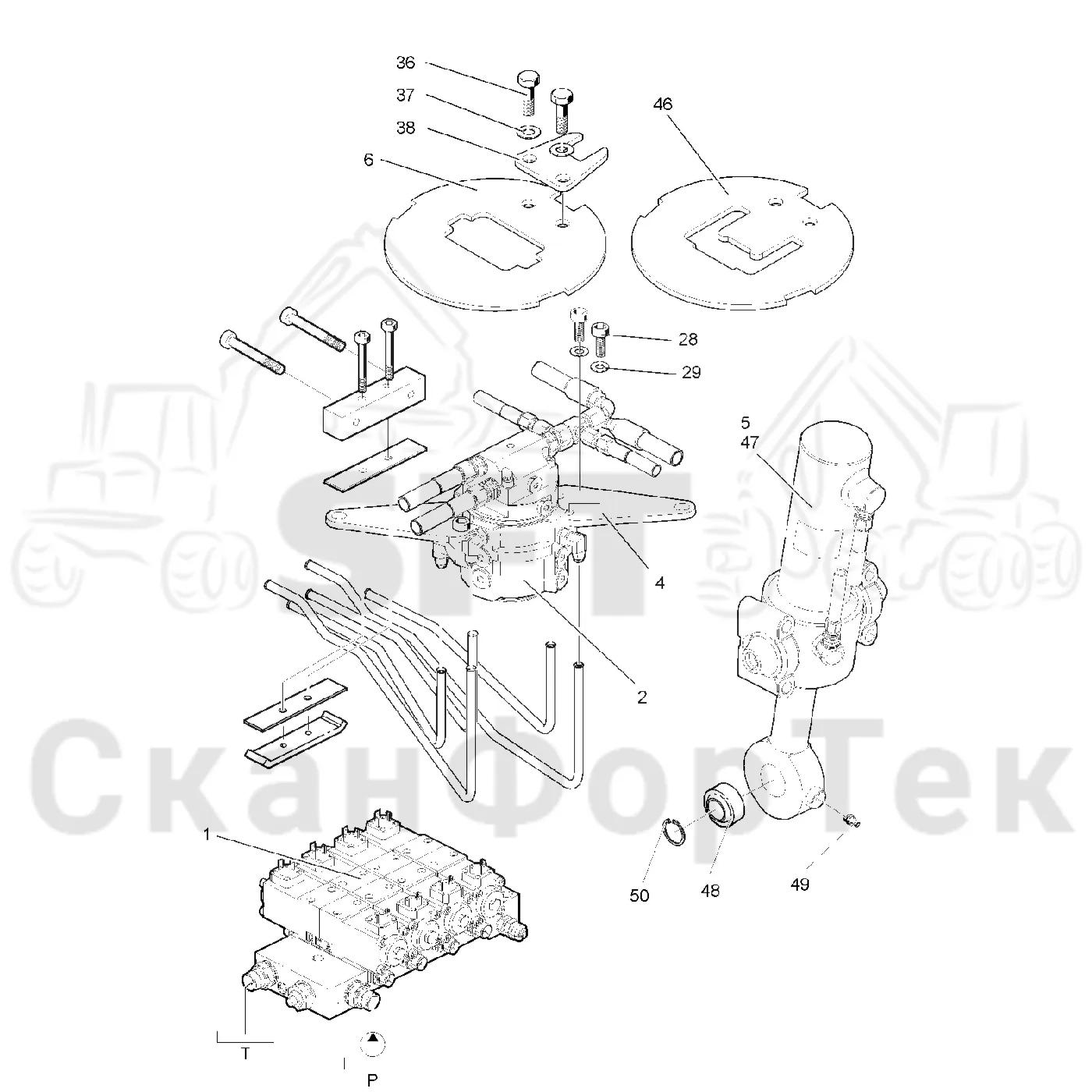 Схема: Valmet / Лесозаготовительные машины / Valmet 801 c / Valmet 801c Ch 11800- / Valmet 801c Ch 11800- / Каталог запасных частей / шасси / Запасные части поворотного устройства / Элементы гидравлической системы, 1
