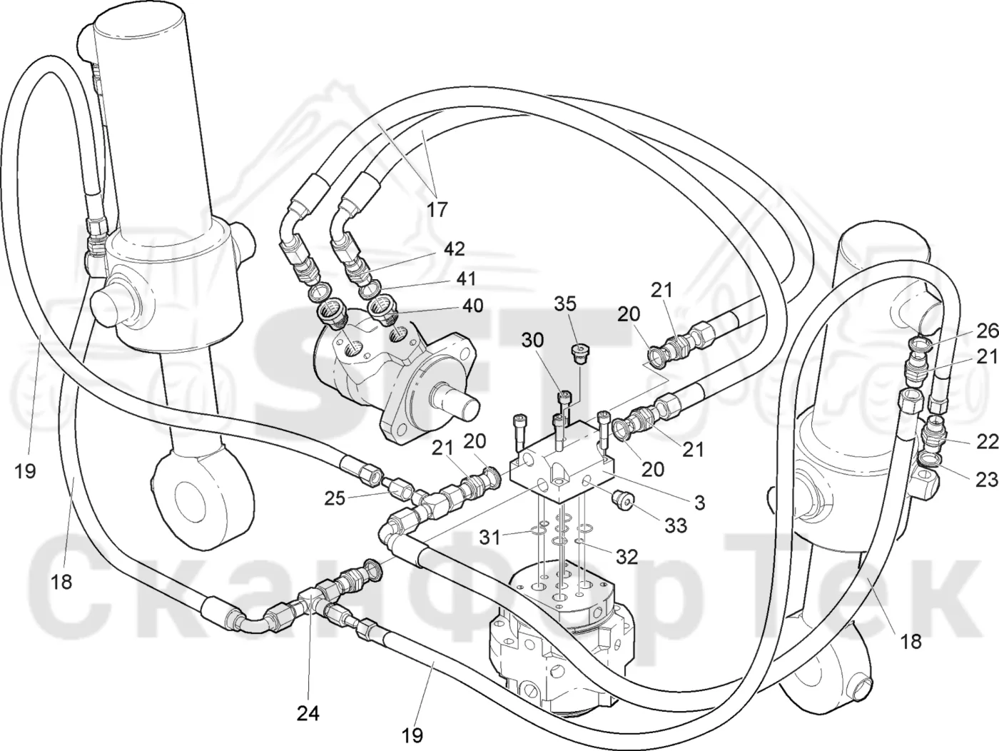 Схема: Valmet / Лесозаготовительные машины / Valmet 801 c / Valmet 801c Ch 11800- / Valmet 801c Ch 11800- / Каталог запасных частей / шасси / Запасные части поворотного устройства / Элементы гидравлической системы, 2