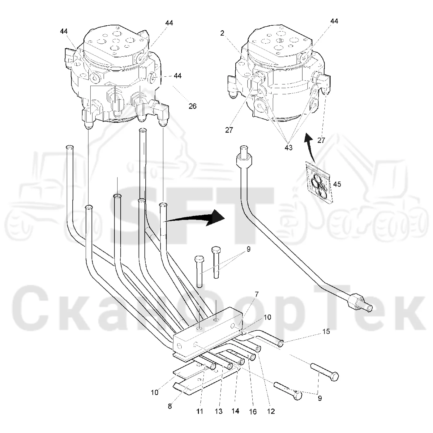 Схема: Valmet / Лесозаготовительные машины / Valmet 801 c / Valmet 801c Ch 11800- / Valmet 801c Ch 11800- / Каталог запасных частей / шасси / Запасные части поворотного устройства / Элементы гидравлической системы, 3