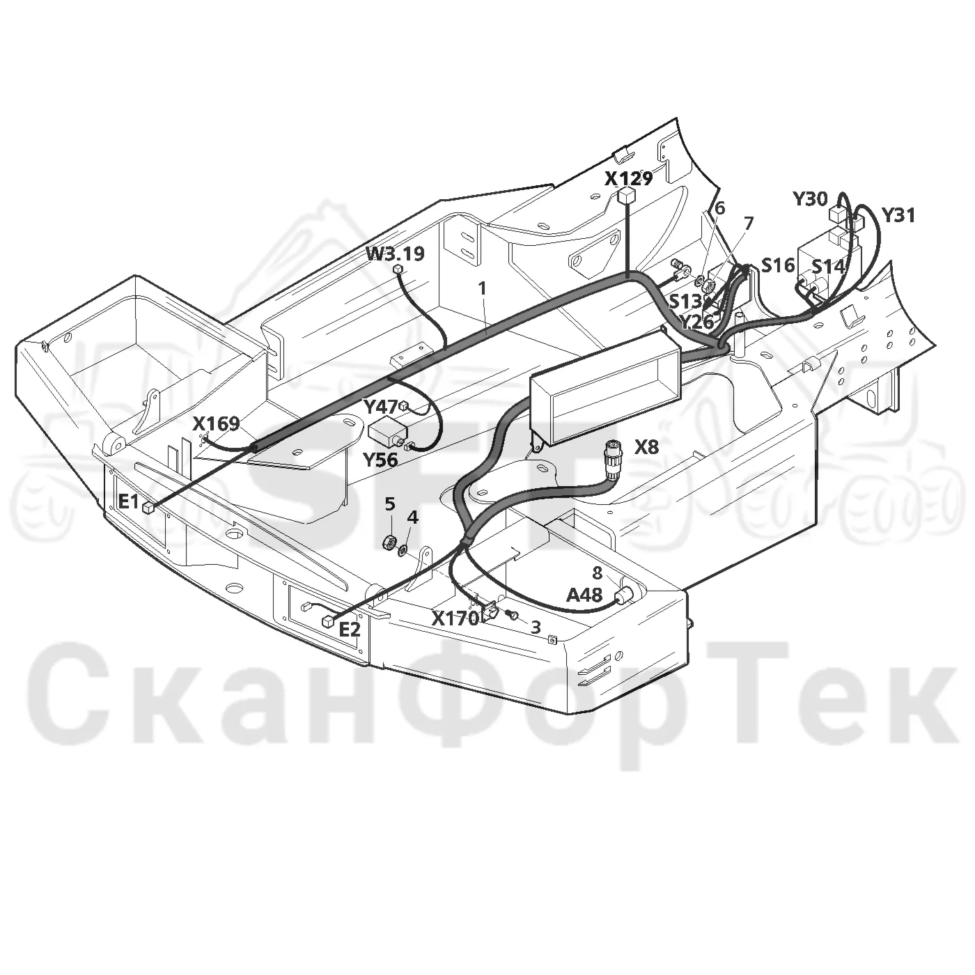 Схема: Valmet / Лесозаготовительные машины / Valmet 801 c / Valmet 801c Ch 11800- / Valmet 801c Ch 11800- / Каталог запасных частей / шасси / Электрический Оборудование / Комплект кабелей передней рамы 