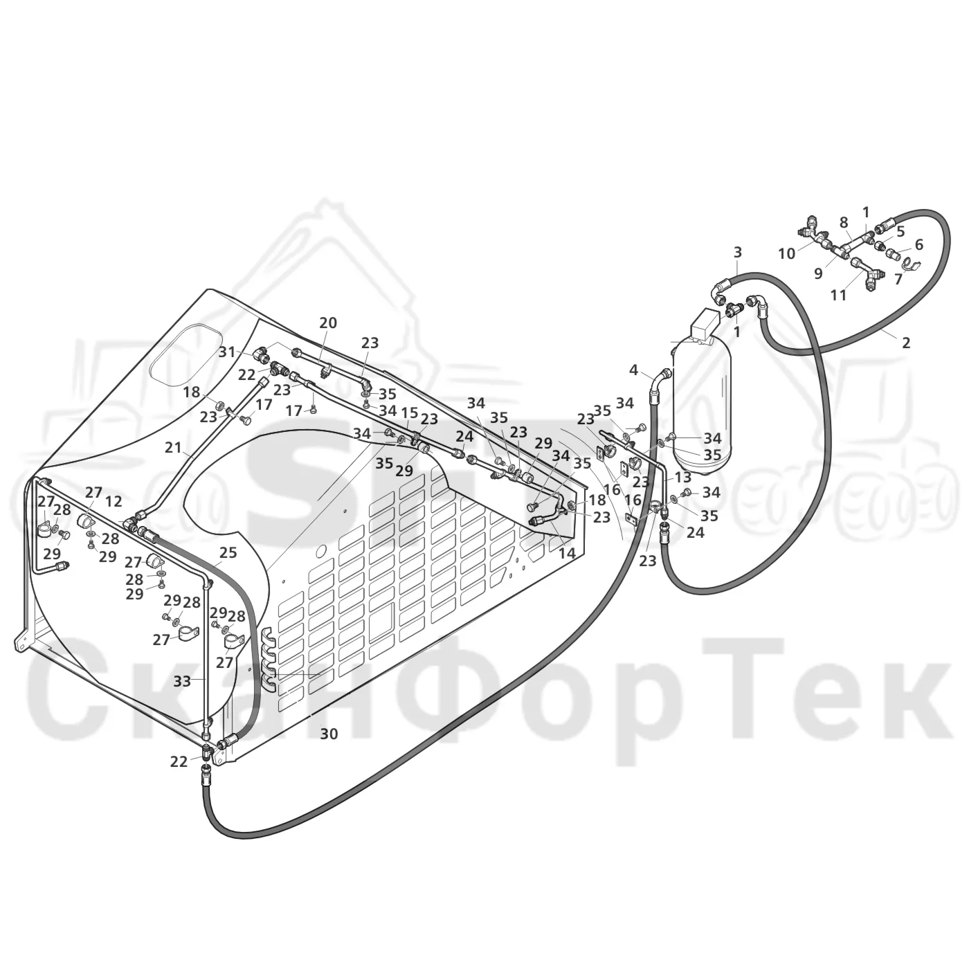 Схема: Valmet / Лесозаготовительные машины / Valmet 801 c / Valmet 801c Ch 11800- / Valmet 801c Ch 11800- / Каталог запасных частей / шасси / Пожаротушение / Подвод шланга пожаротушения