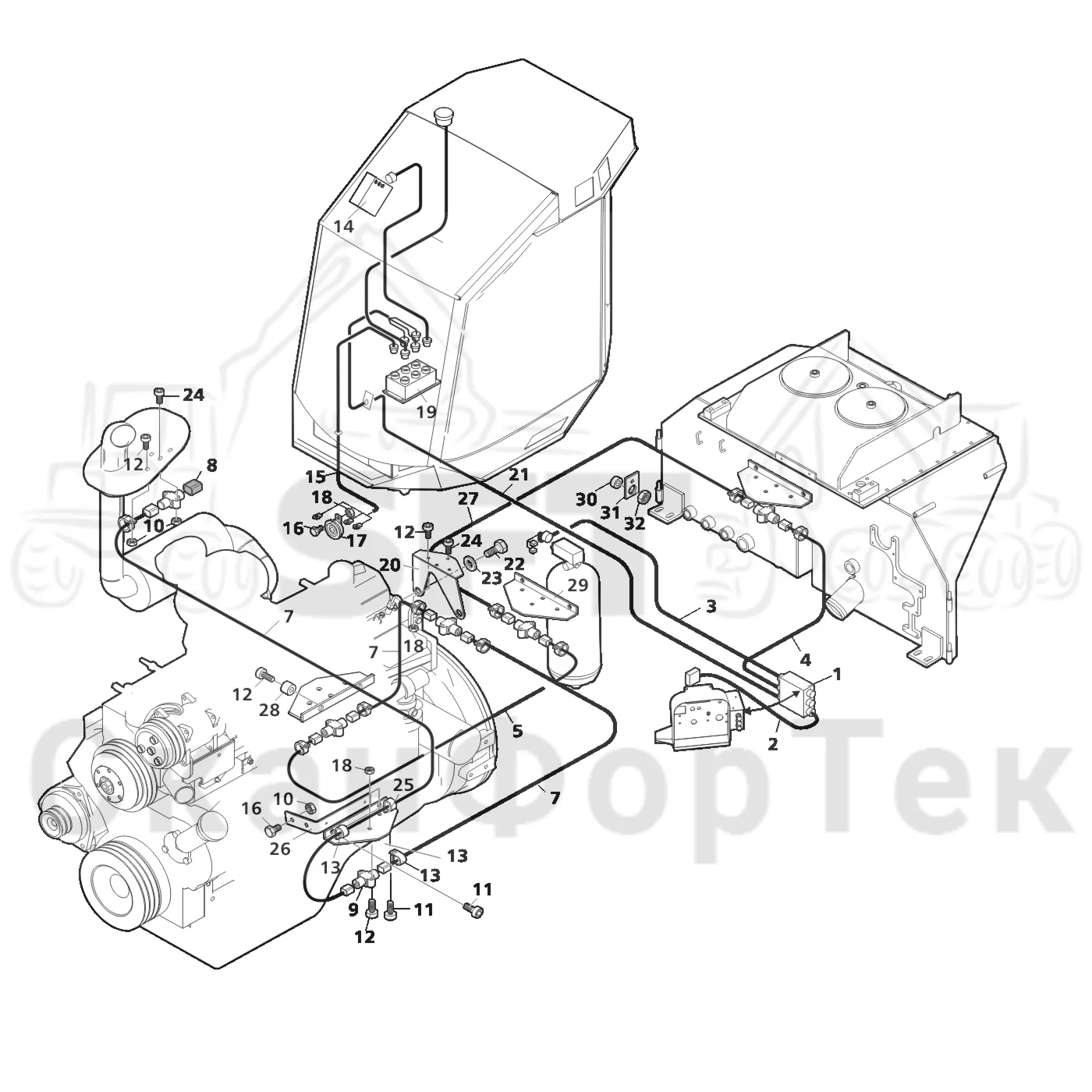 Схема: Valmet / Лесозаготовительные машины / Valmet 801 c / Valmet 801c Ch 11800- / Valmet 801c Ch 11800- / Каталог запасных частей / шасси / Пожаротушение / Комплект электрооборудования пожаротушения