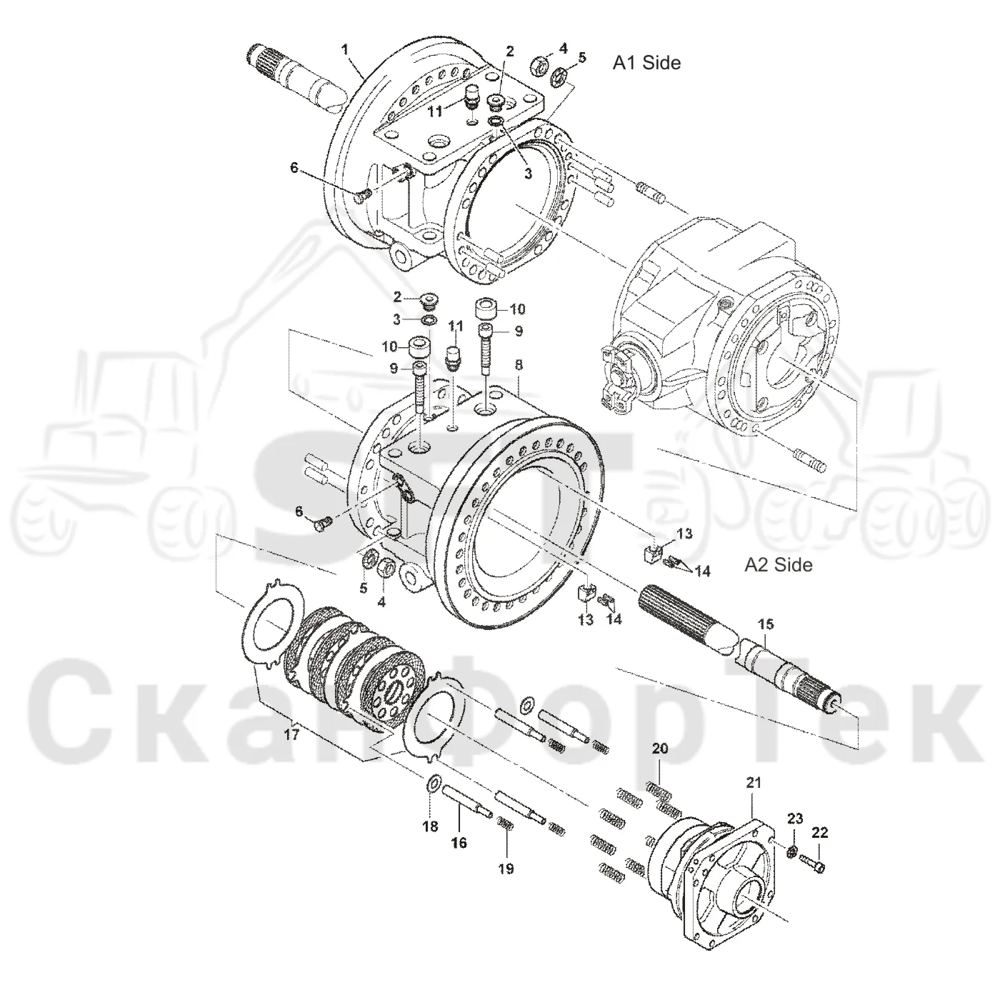 Схема: Valmet / Лесозаготовительные машины / Valmet 801 c / Valmet 801c Ch 11800- / Valmet 801c Ch 11800- / Каталог запасных частей / Коробка передач / Мост каретки / Дифференциал, тормозная коробка