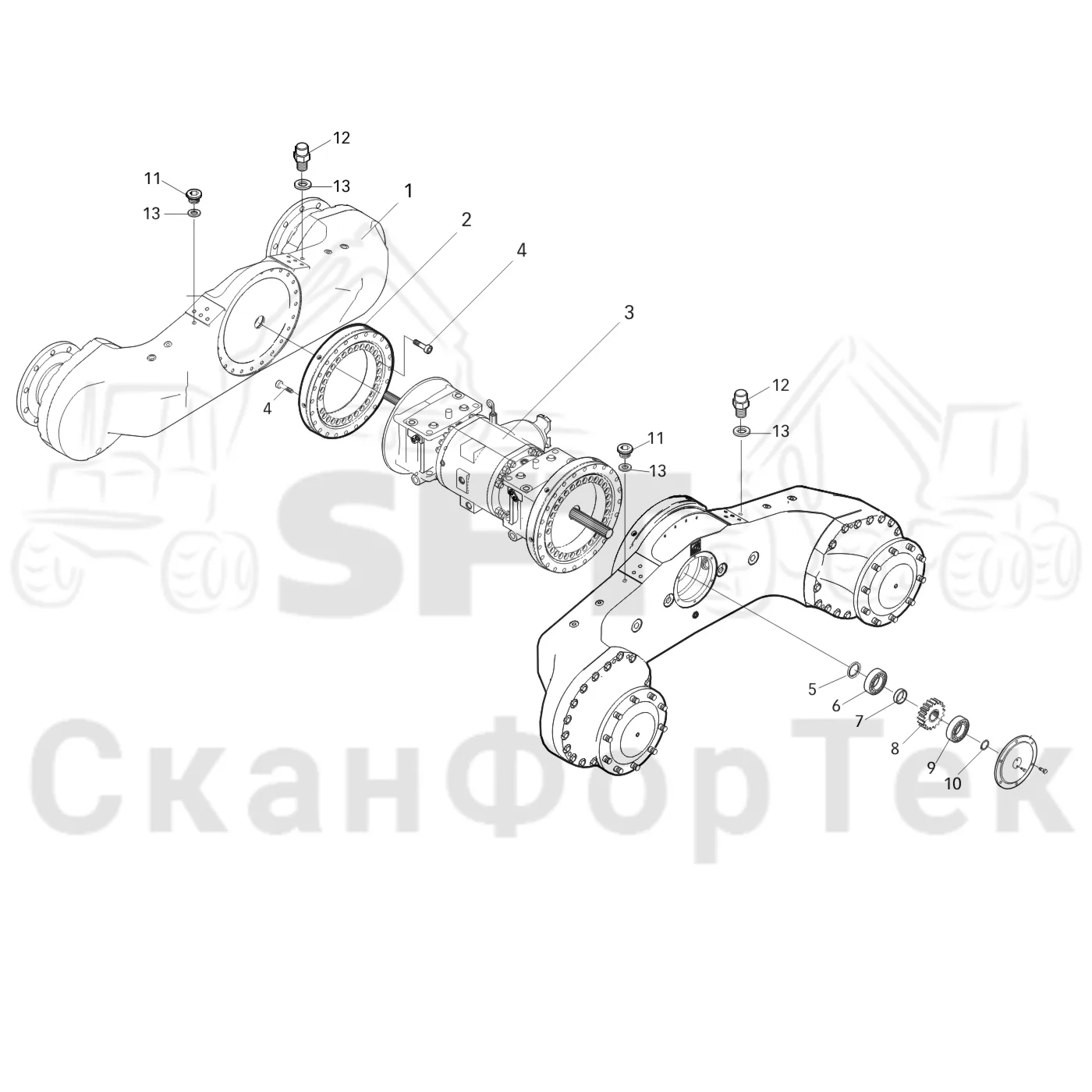 Схема: Valmet / Лесозаготовительные машины / Valmet 801 c / Valmet 801c Ch 11800- / Valmet 801c Ch 11800- / Каталог запасных частей / Коробка передач / Мост каретки / Каретка с поворотными кольцевыми подшипниками