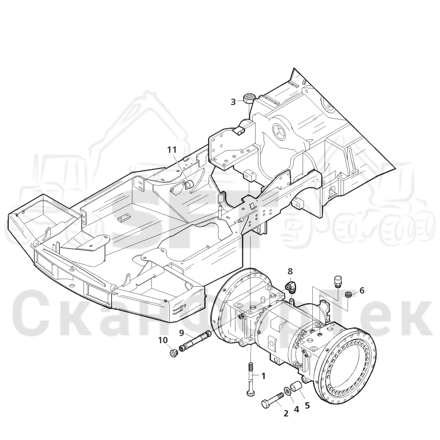 Схема: Valmet / Лесозаготовительные машины / Valmet 801 c / Valmet 801c Ch 11800- / Valmet 801c Ch 11800- / Каталог запасных частей / Коробка передач / Мост каретки / Передний агрегат каретки