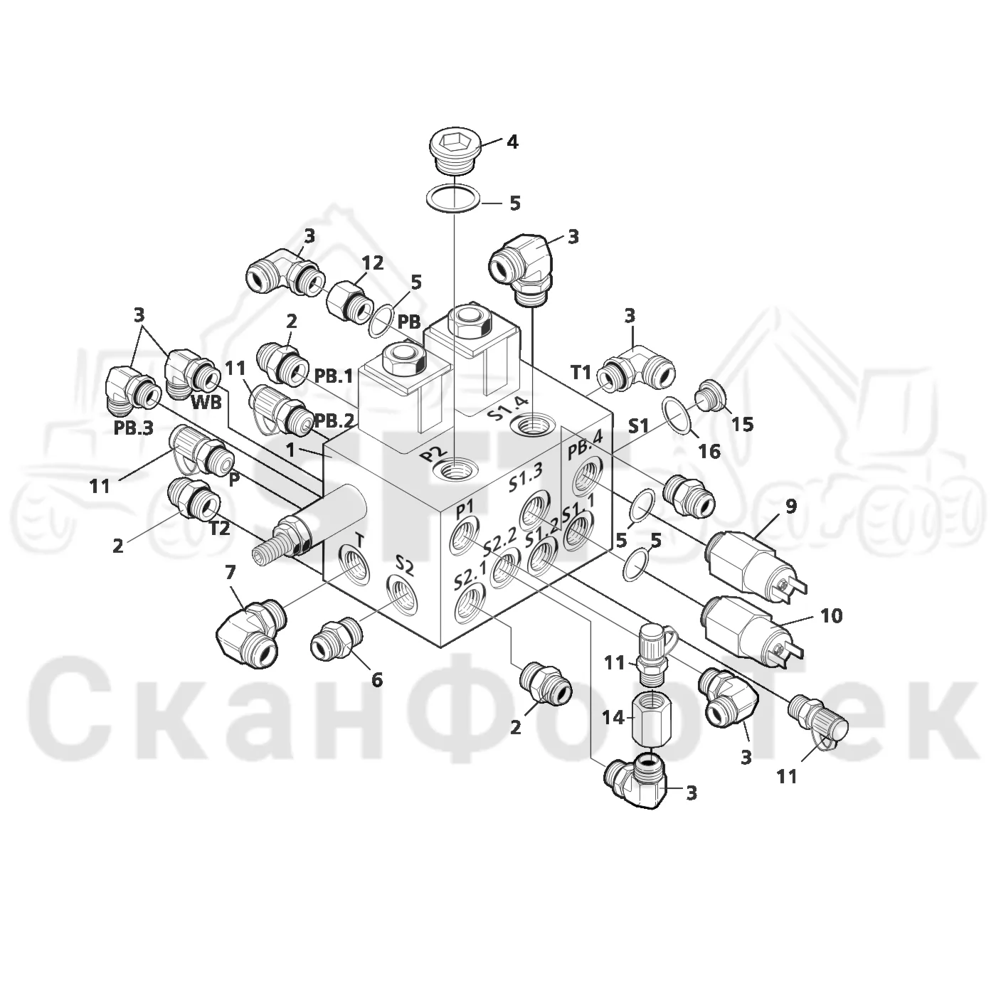 Схема: Valmet / Лесозаготовительные машины / Valmet 801 c / Valmet 801c Ch 11800- / Valmet 801c Ch 11800- / Каталог запасных частей / Тормоза / Тормозная система / Блок клапанов, тормоза