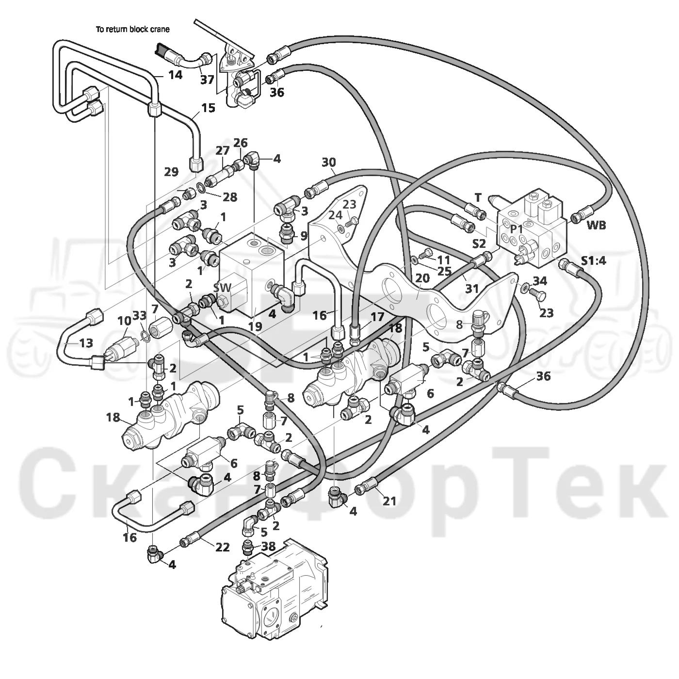 Схема: Valmet / Лесозаготовительные машины / Valmet 801 c / Valmet 801c Ch 11800- / Valmet 801c Ch 11800- / Каталог запасных частей / Тормоза / Тормозная система / Гидравлический привод тормозного клапана