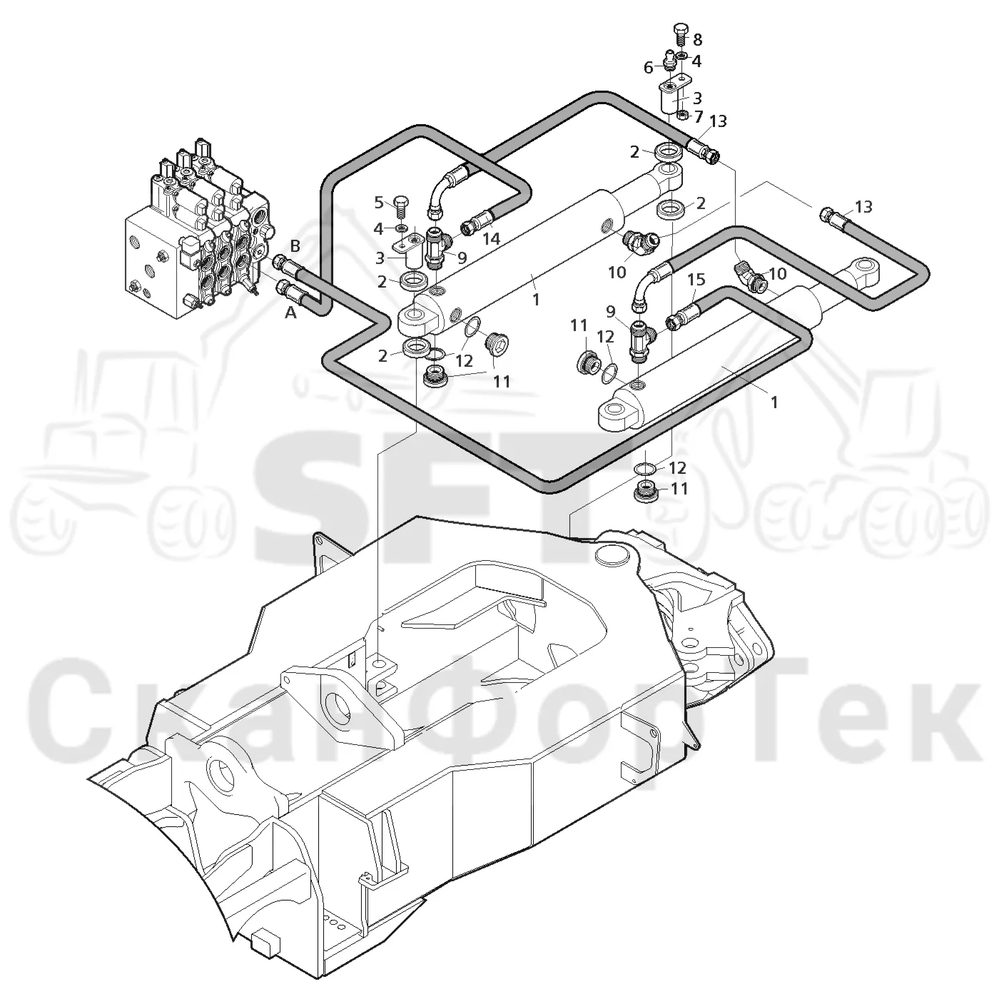 Схема: Valmet / Лесозаготовительные машины / Valmet 801 c / Valmet 801c Ch 11800- / Valmet 801c Ch 11800- / Каталог запасных частей / Рулевое управление / Рулевое управление движением по грунту / Гидравлическое оборудование рулевого управления движением по грунту