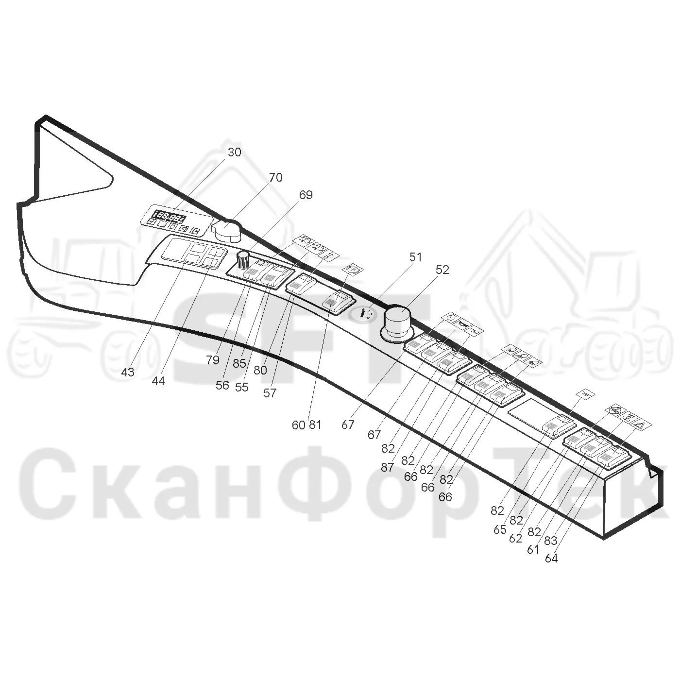 Схема: Valmet / Лесозаготовительные машины / Valmet 901.2 / Valmet 901.2 Ch. 211061- / Valmet 901.2 Ch. 211061- / Каталог запасных частей / Кабина / Салон / Приборная панель