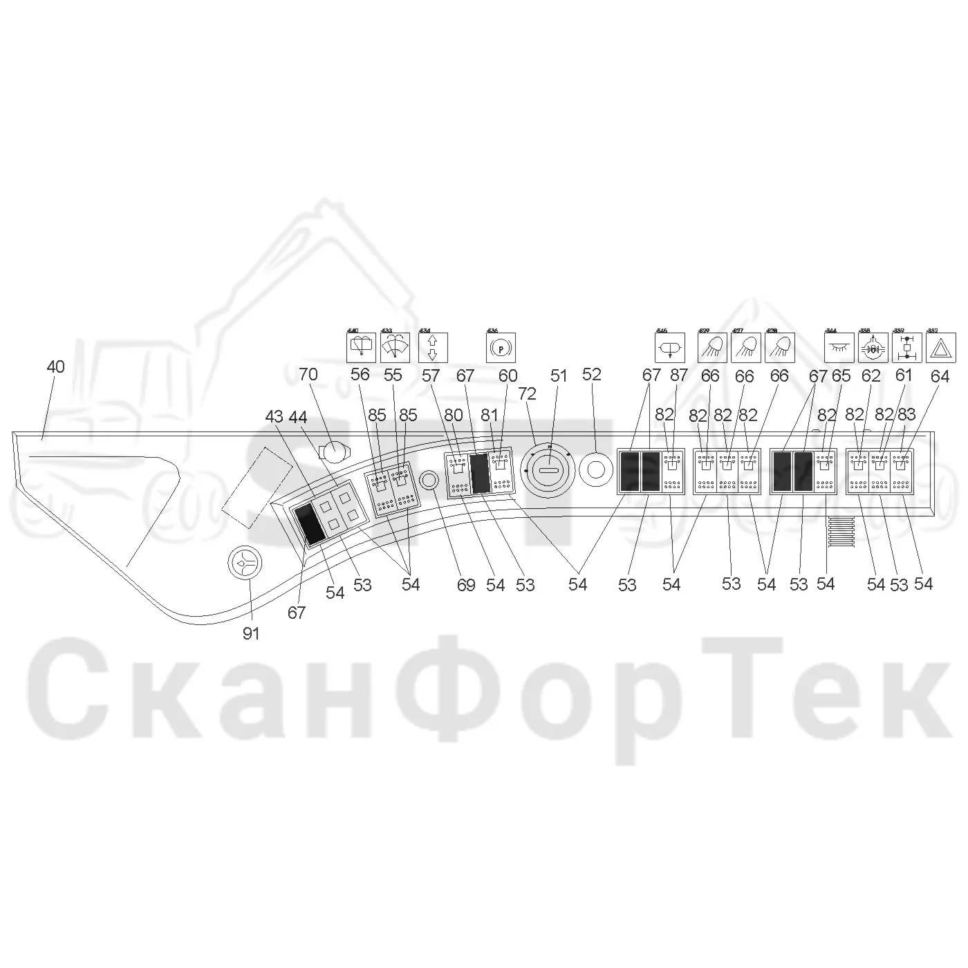 Схема: Valmet / Лесозаготовительные машины / Valmet 911.3 / Valmet 911.3 Ch 311371- / Valmet 911.3 Ch 311372- / Каталог запасных частей / Кабина / Салон / Приборная панель