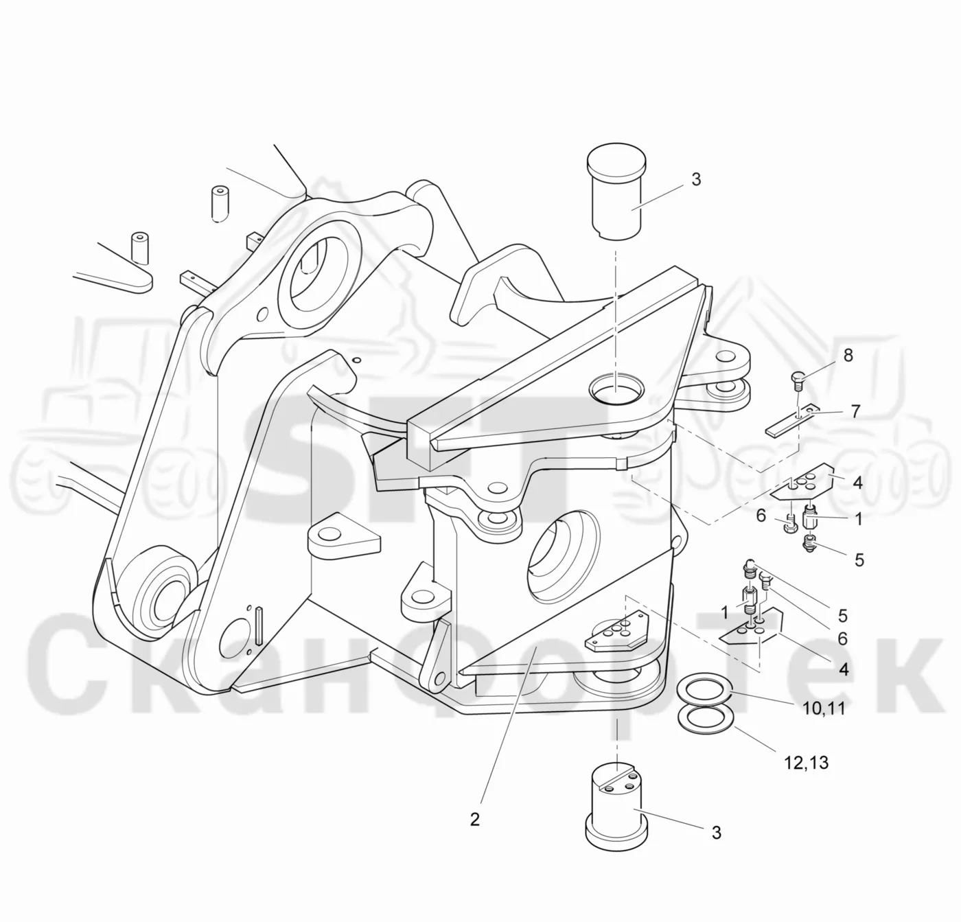 Схема: Komatsu / Лесозаготовительные машины / 901.4 / Каталог запасных частей / шасси / Рамы / Передний комплект рамы, 6 колес