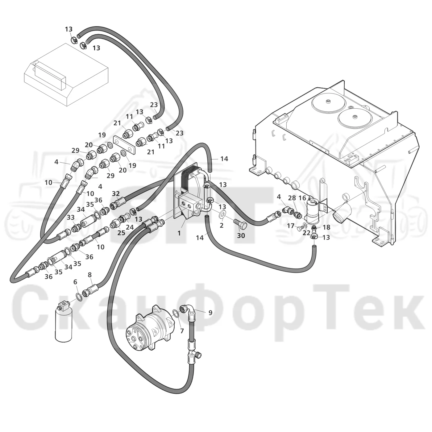 Схема: Valmet / Лесозаготовительные машины / Valmet 801 c / Valmet 801c Ch 11800- / Valmet 801c Ch 11800- / Каталог запасных частей / Кабина / Система обогрева и охлаждения / Охлаждение кабины