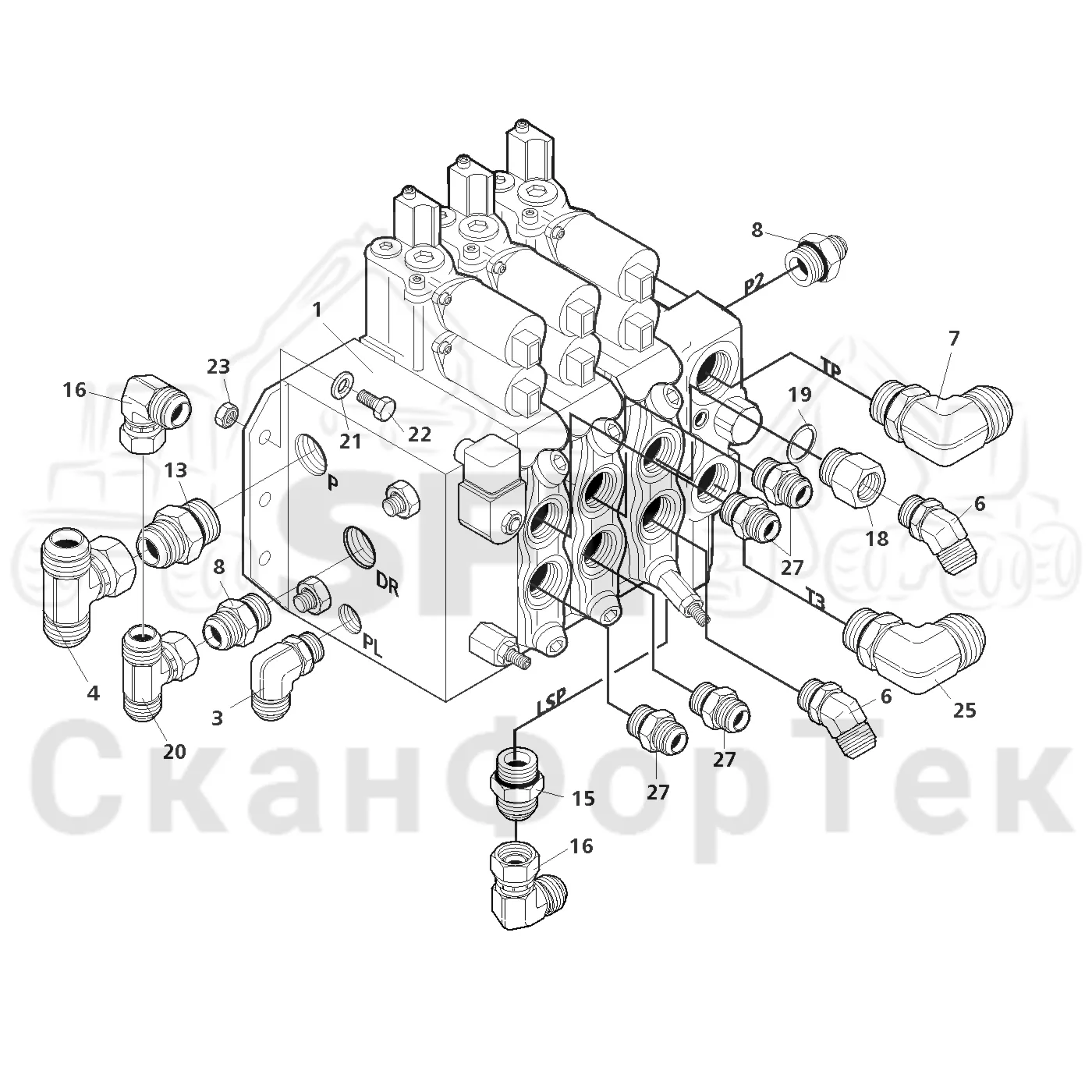 Схема: Valmet / Лесозаготовительные машины / Valmet 801 c / Valmet 801c Ch 11800- / Valmet 801c Ch 11800- / Каталог запасных частей / Гидравлика / Клапан шасси / Клапан шасси