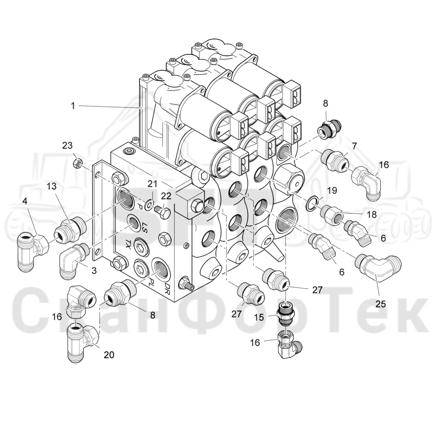 Схема: Valmet / Лесозаготовительные машины / Valmet 801 c / Valmet 801c Ch 11800- / Valmet 801c Ch 11800- / Каталог запасных частей / Гидравлика / Клапан шасси / Клапан шасси 11874-