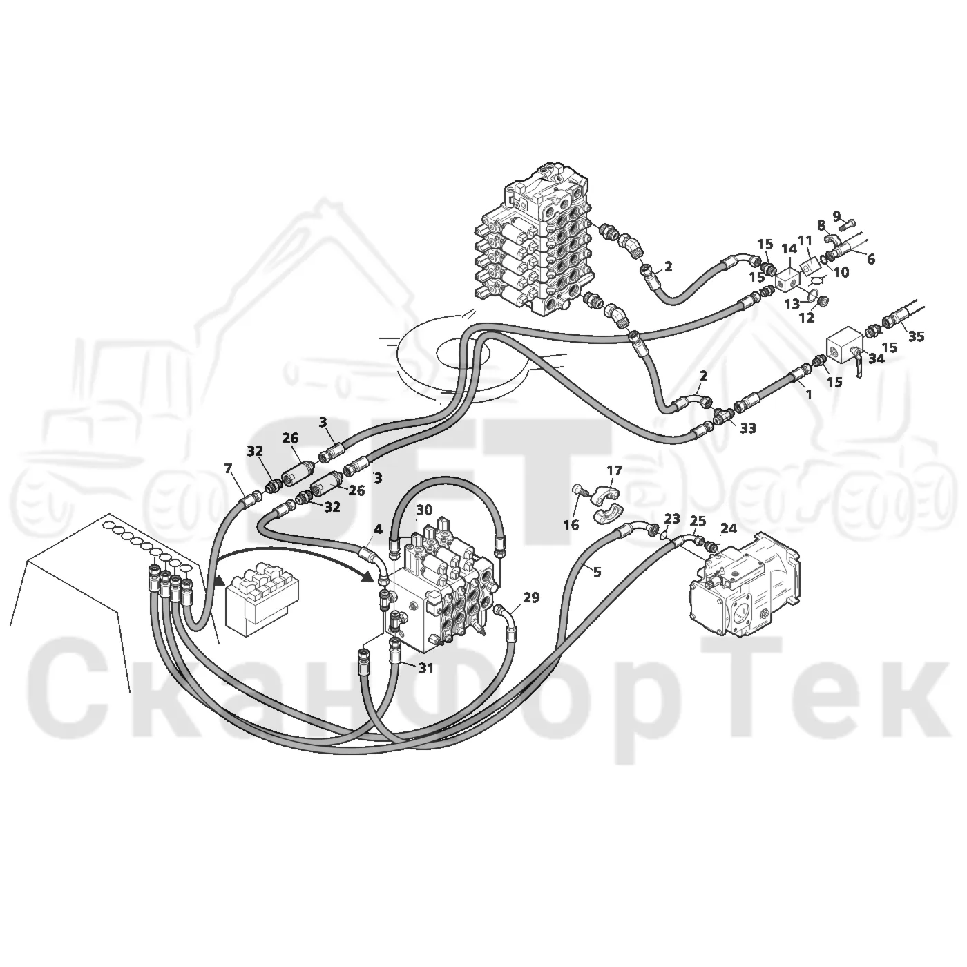 Схема: Valmet / Лесозаготовительные машины / Valmet 801 c / Valmet 801c Ch 11800- / Valmet 801c Ch 11800- / Каталог запасных частей / Гидравлика / Клапан шасси / Система впуска-выпуска