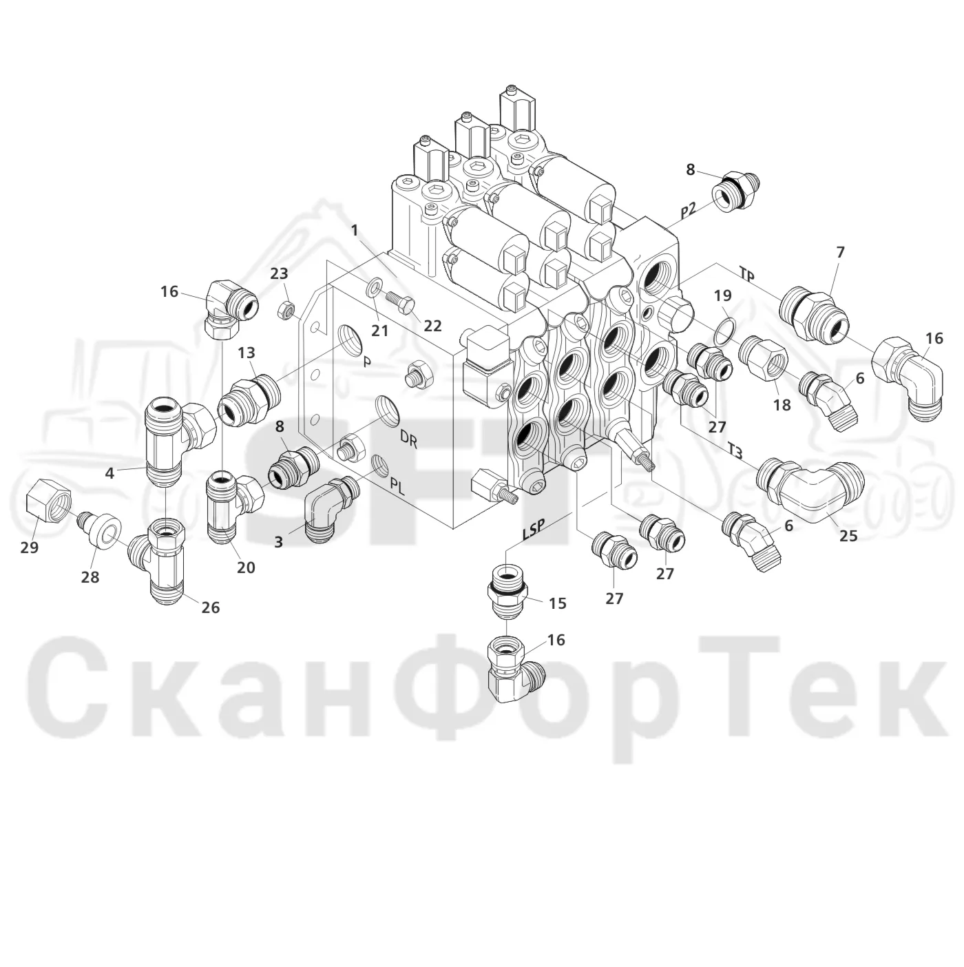 Схема: Valmet / Лесозаготовительные машины / Valmet 801 c / Valmet 801c Ch 11800- / Valmet 801c Ch 11800- / Каталог запасных частей / Гидравлика / Клапан шасси устройства / Клапан шасси
