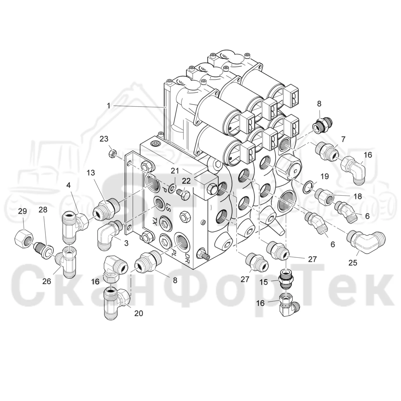 Схема: Valmet / Лесозаготовительные машины / Valmet 801 c / Valmet 801c Ch 11800- / Valmet 801c Ch 11800- / Каталог запасных частей / Гидравлика / Клапан шасси устройства / Клапан шасси 11874-