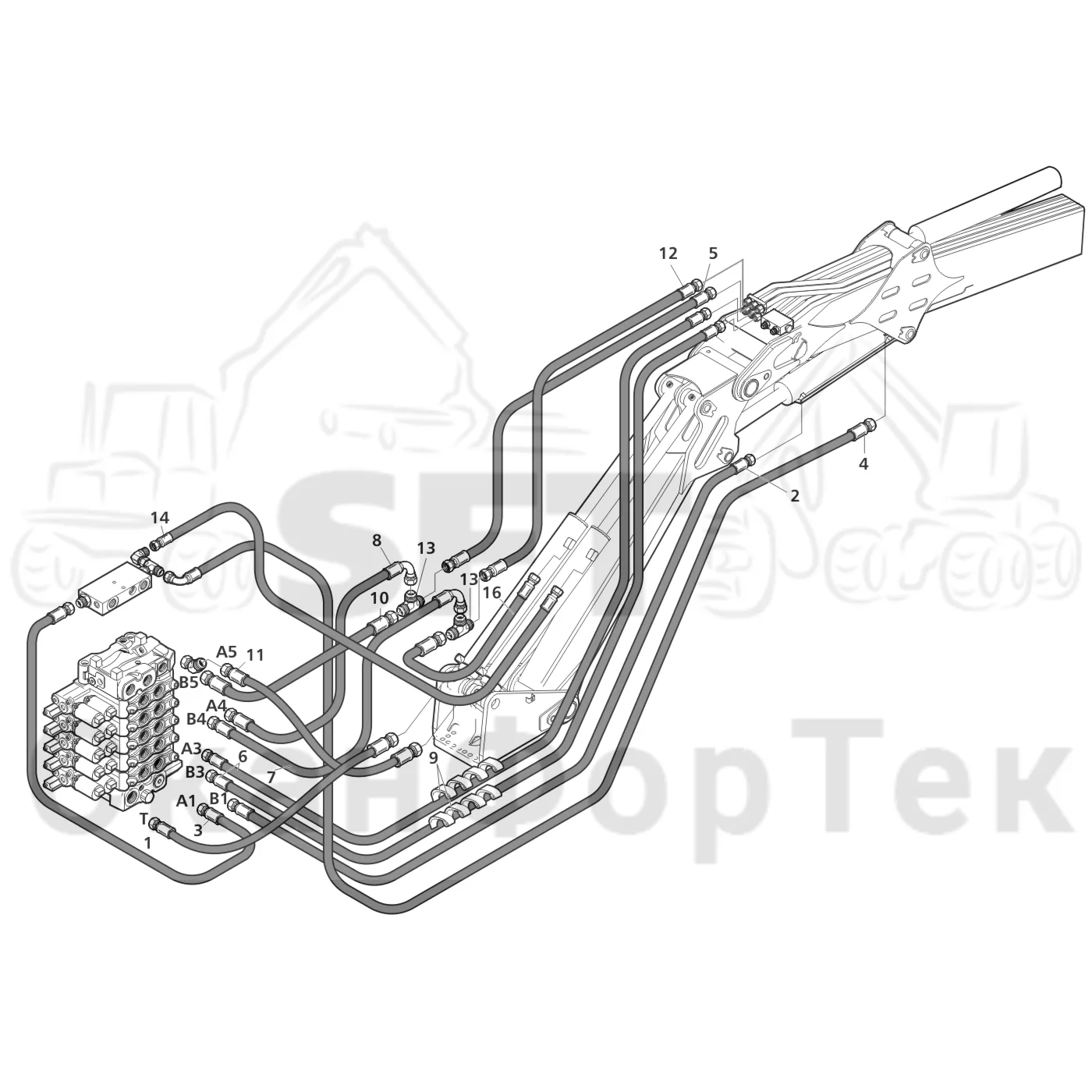 Схема: Valmet / Лесозаготовительные машины / Valmet 801 c / Valmet 801c Ch 11800- / Valmet 801c Ch 11800- / Каталог запасных частей / Подъемный кран / Базовая гидравлика / Прокладка шланга