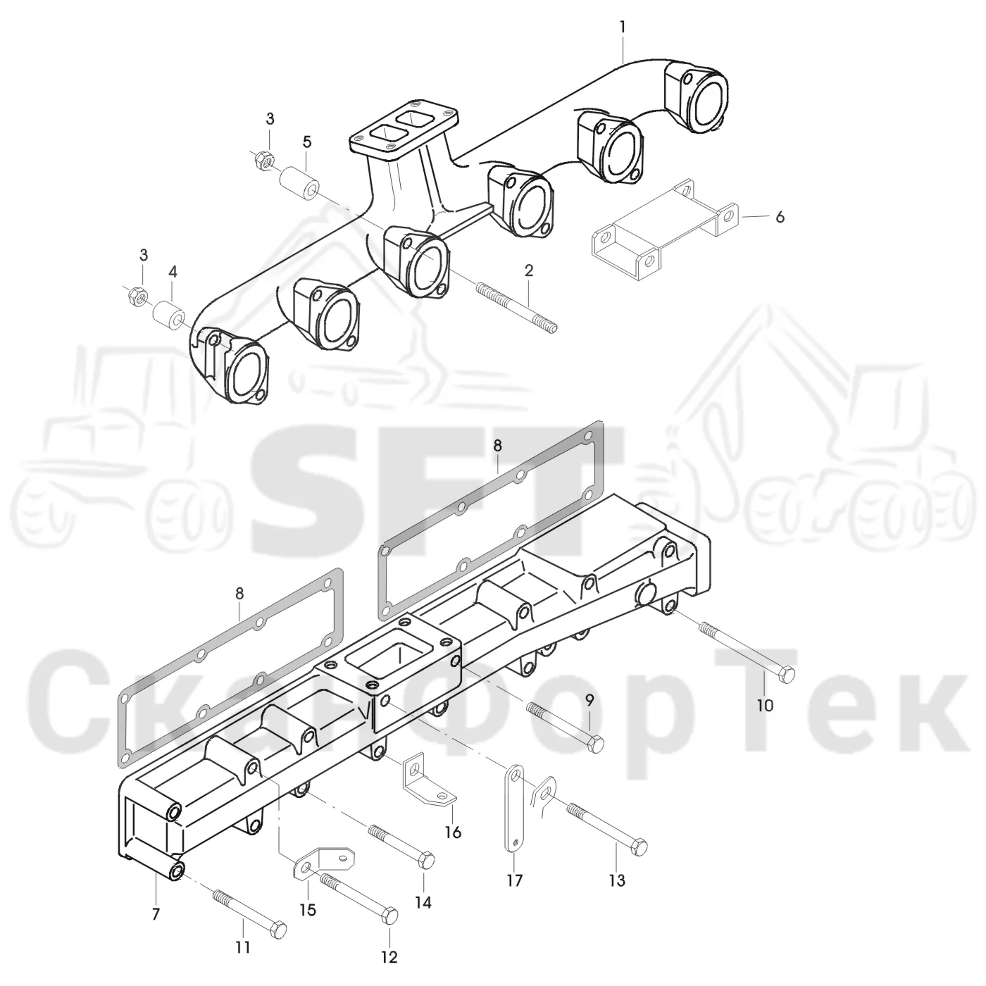 Схема: Valmet / Форвардер / Valmet 860.1 / Valmet 860.1   Ch. -115420 / Valmet 860.1  Ch. -115420 / Каталог запасных частей / Двигатель / Впуск - выпуск / Впускной и выпускной коллектор
