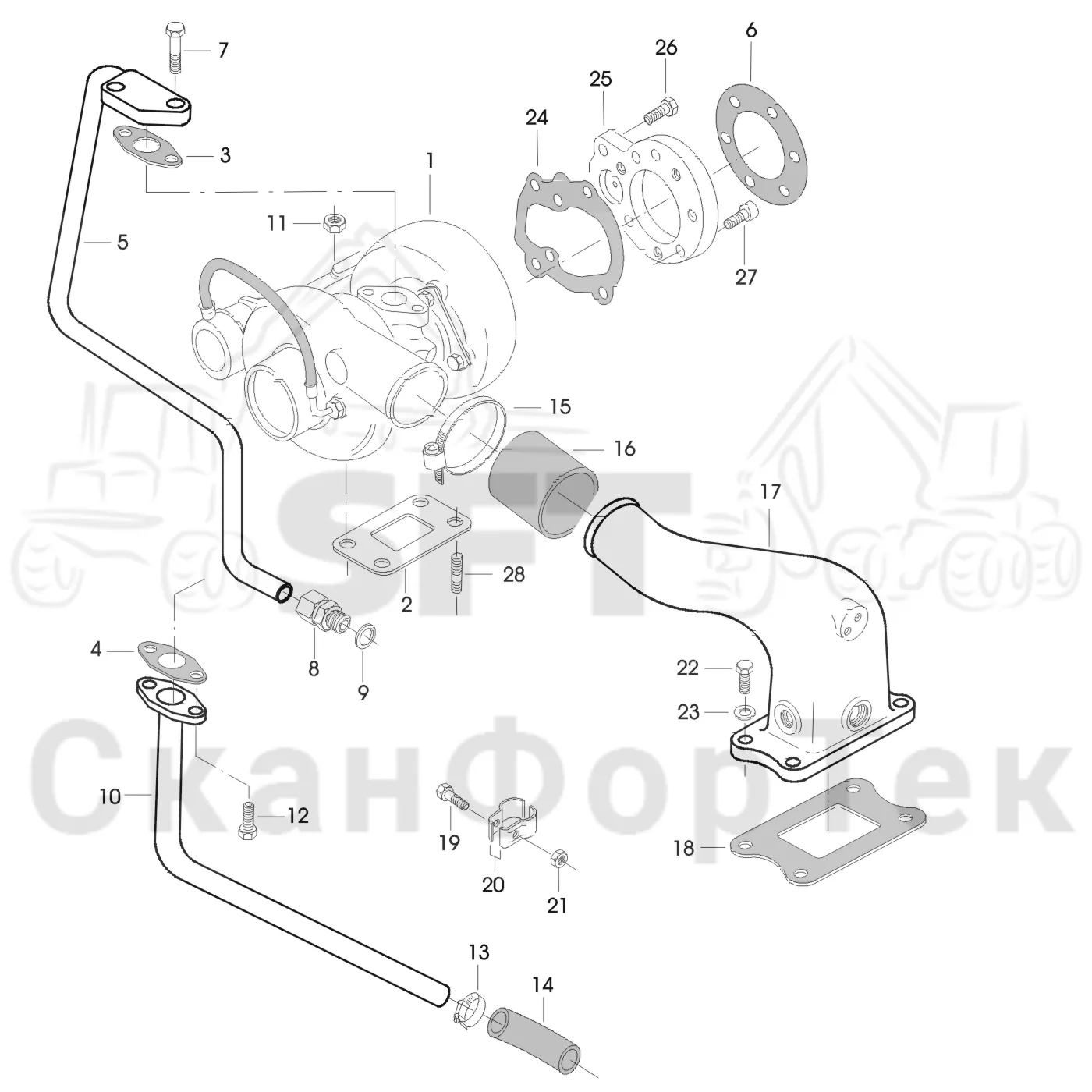 Схема: Valmet / Форвардер / Valmet 890.1 / Valmet 890.1 Ch. -117350, -119440 / Valmet 890.1 Ch. -117350, -11 / Каталог запасных частей / Оборудование захвата / Захват / Valmet 901.2 Ch. -211060 / Каталог запасных частей / Двигатель / Впуск - выпуск / Трубопроводы к турбоагрегату