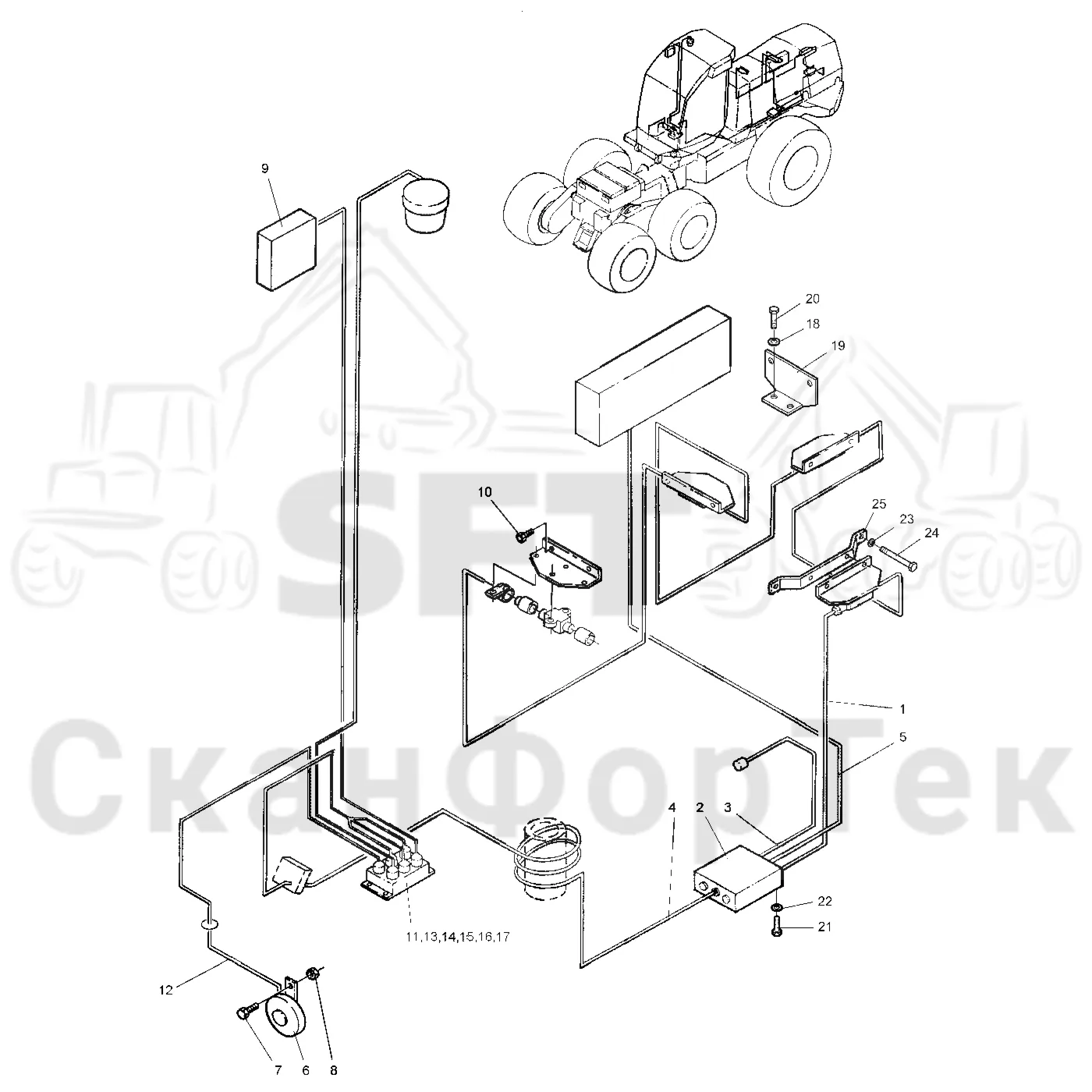 Схема: Valmet / Лесозаготовительные машины / Valmet 921 / Valmet 921 Ch 13271- / Valmet 921 Ch 13271- / Каталог запасных частей / шасси / Пожаротушение / Комплект электрооборудования пожаротушения