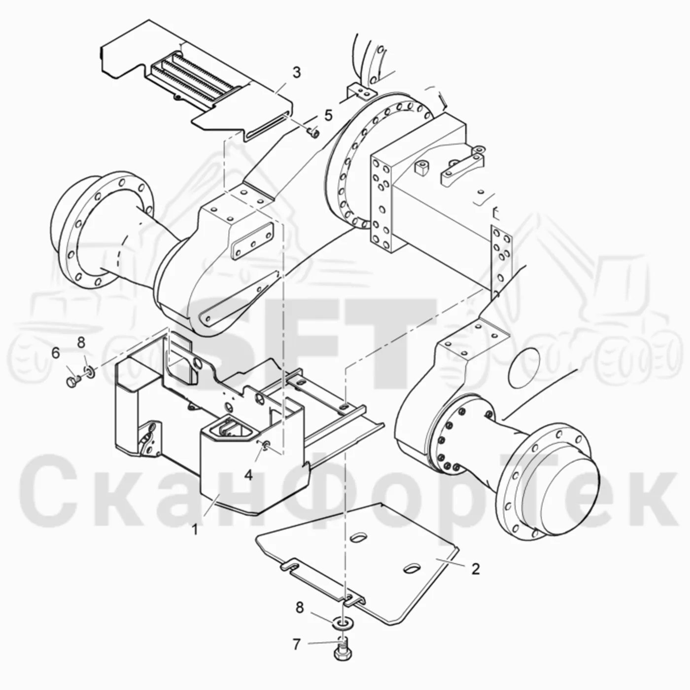 Схема: Valmet / Лесозаготовительные машины / Valmet 901.4 / Valmet 901.4 / Каталог запасных частей / шасси / Картеры нижние / Передний нижний картер на 6 колес