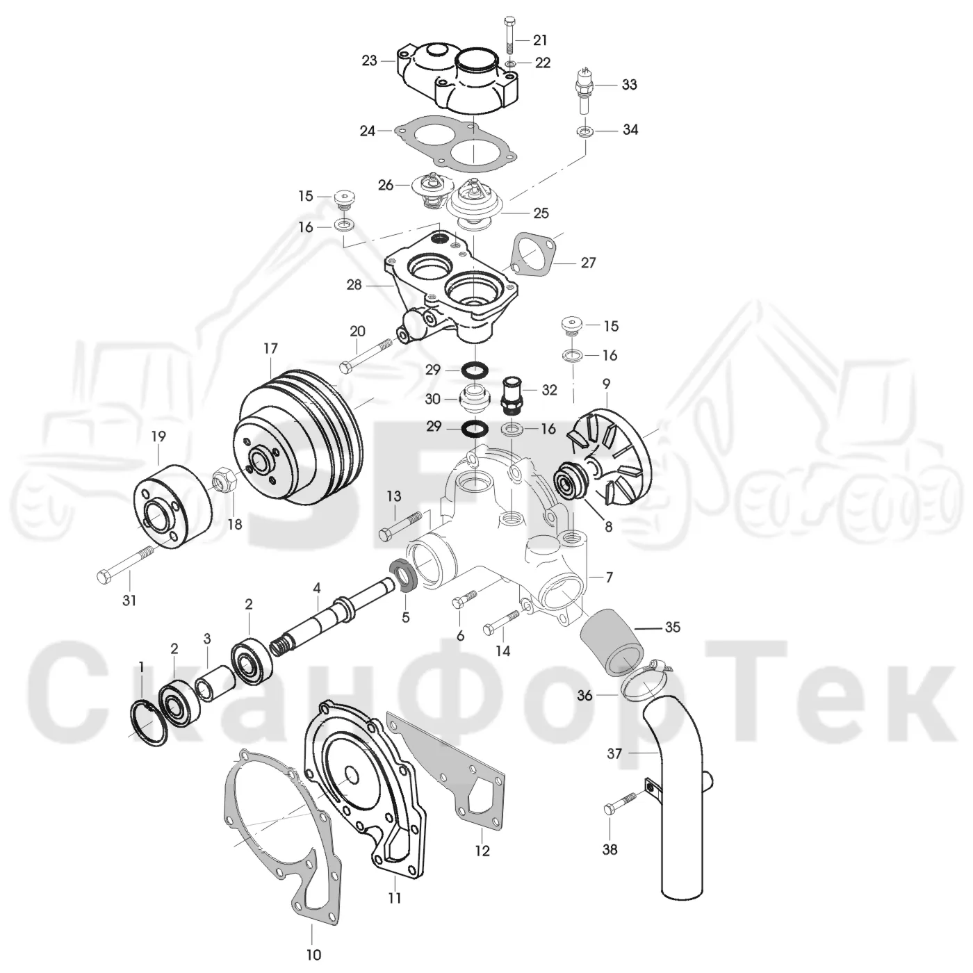 Схема: Valmet / Форвардер / Valmet 860.1 / Valmet 860.1 Ch. -115420 / Valmet 860.1 Ch. -115420 / Каталог запасных частей / Двигатель / Система охлаждения / Насос хладагента