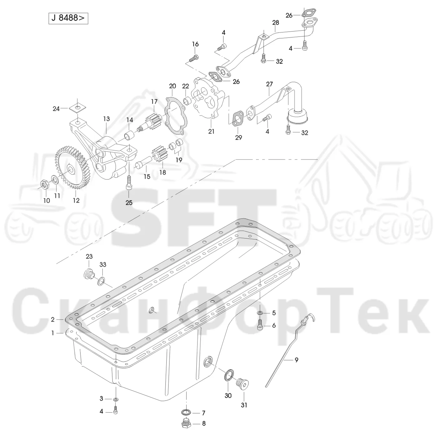 Схема: Valmet / Форвардер / Valmet 890.1 / Valmet 890.1 Ch. -117350, -119440 / Valmet 890.1 Ch. -117350, -11 / Каталог запасных частей / Оборудование захвата / Захват / Valmet 901.2 Ch. -211060 / Каталог запасных частей / Двигатель / Система смазки / Маслоотстойник J 8488 -
