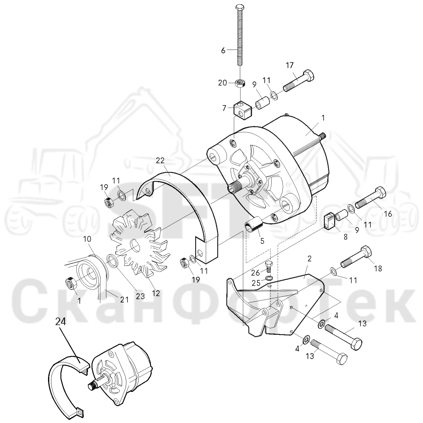 Схема: Valmet / Форвардер / Valmet 890.1 / Valmet 890.1 Ch. 117351-, 119441- / Valmet 890.1 Ch. 117351-, 119 / Каталог запасных частей / Оборудование захвата / Захват / Valmet 901.2 Ch. -211060 / Каталог запасных частей / Двигатель / Генератор переменного тока / Генератор переменного тока верхний