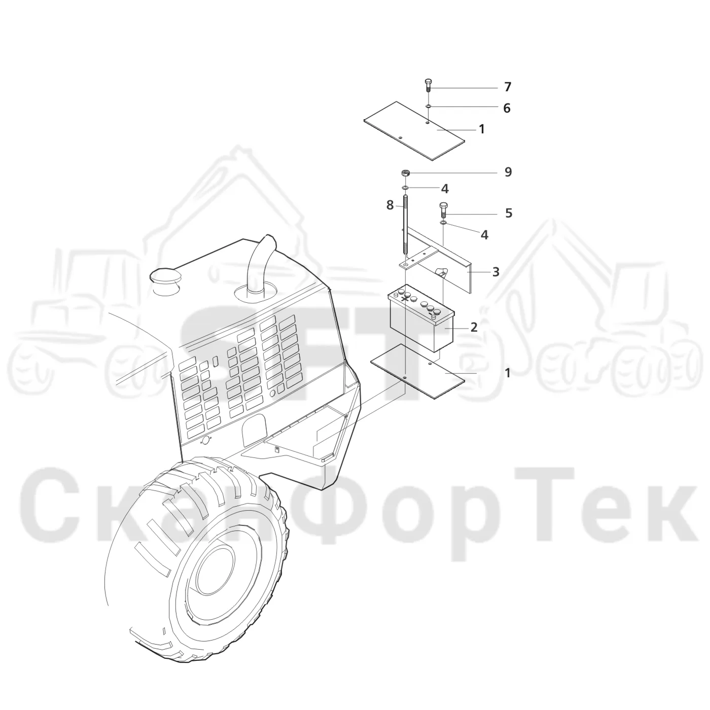 Схема: Valmet / Лесозаготовительные машины / Valmet 901.2 / Valmet 901.2 Ch. -211060 / Valmet 901.2 Ch. -211060 / Каталог запасных частей / шасси / Электрический Оборудование / Аккумуляторная батарея