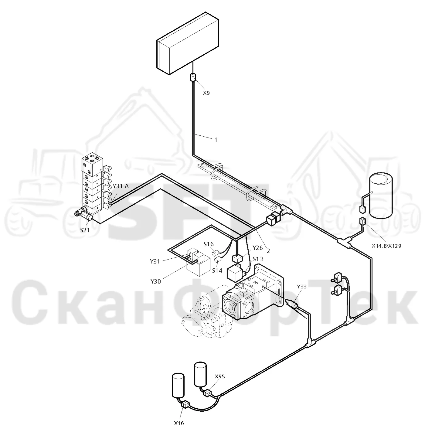 Схема: Valmet / Форвардер / Valmet 890.3 / Valmet 890.3 / Каталог запасных частей / Оборудование захвата / Захват / Valmet 901.2 Ch. -211060 / Каталог запасных частей / шасси / Электрический Оборудование / Комплект кабелей левый