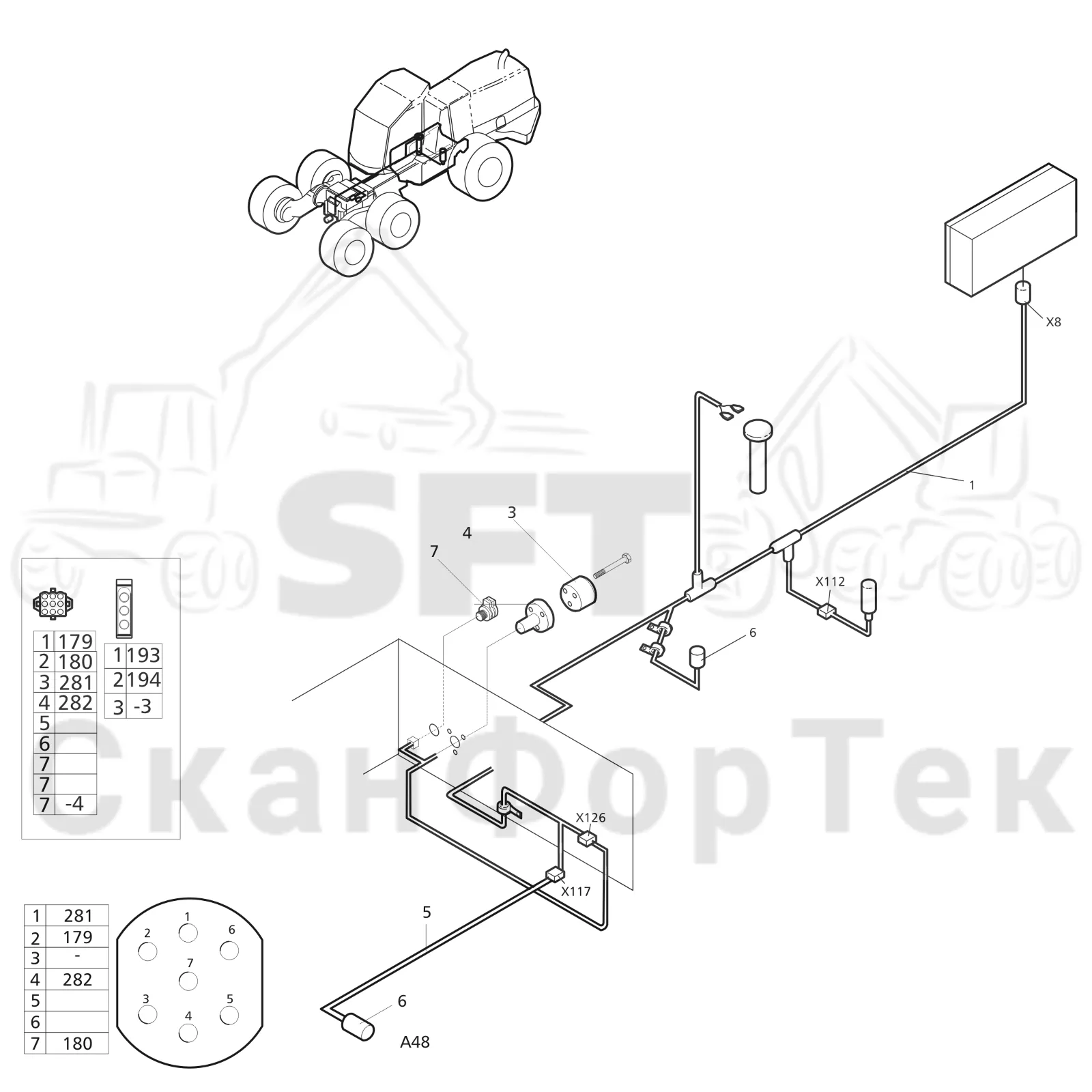 Схема: Valmet / Форвардер / Valmet 890.1 / Valmet 890.1 Ch. -117350, -119440 / Valmet 890.1 Ch. -117350, -11 / Каталог запасных частей / Оборудование захвата / Захват / Valmet 901.2 Ch. -211060 / Каталог запасных частей / шасси / Электрический Оборудование / Комплект кабелей передней рамы
