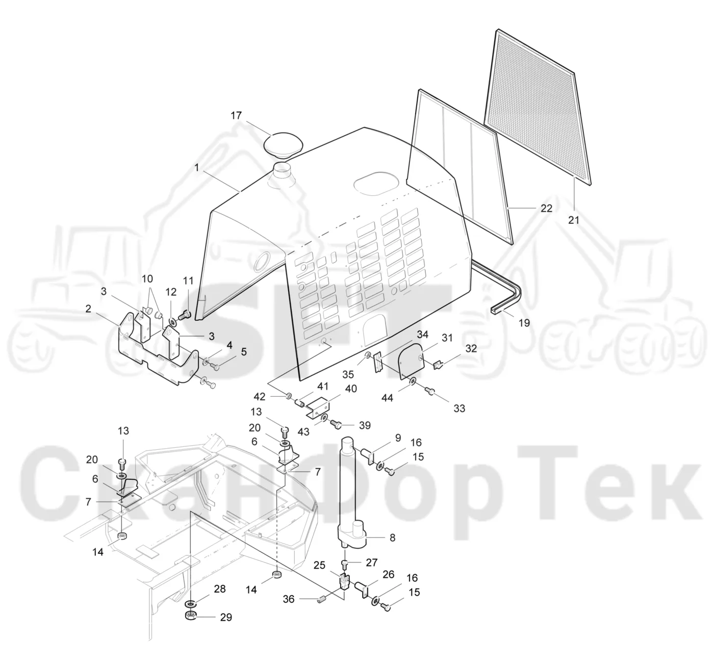 Схема: Valmet / Лесозаготовительные машины / Valmet 901.2 / Valmet 901.2 Ch. -211060 / Valmet 901.2 Ch. -211060 / Каталог запасных частей / шасси / Капоты / Капот двигателя Крышка