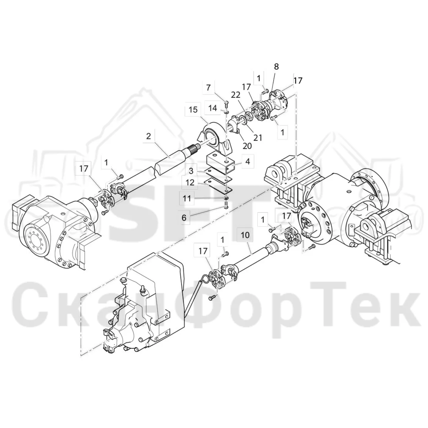 Схема: Valmet / Форвардер / Valmet 890.1 / Valmet 890.1  Ch. 117351-, 119441- / Valmet 890.1  Ch. 117351-, 119 / Каталог запасных частей / Оборудование захвата / Захват / Valmet 901.2 Ch. -211060 / Каталог запасных частей / Коробка передач / Силовая трансмиссия / Силовая трансмиссия с полным приводом на 4 колеса