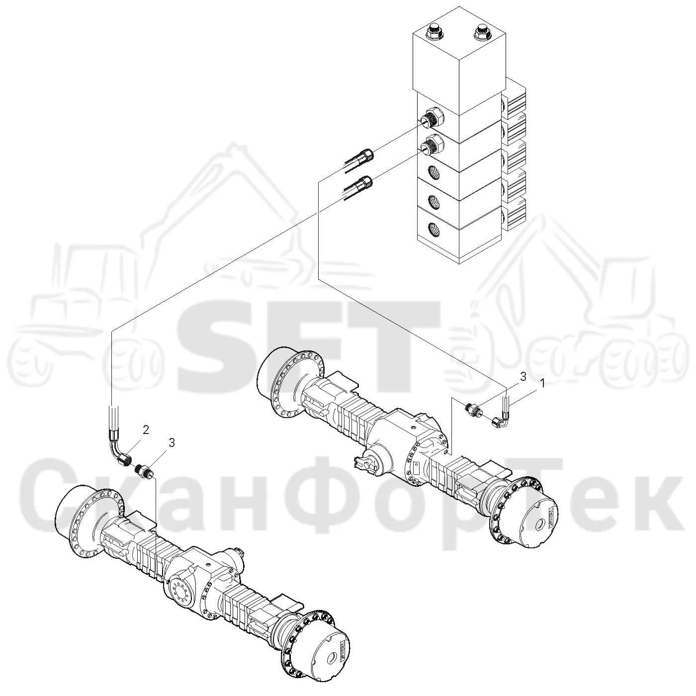Схема: Valmet / Лесозаготовительные машины / Valmet 901.2 / Valmet 901.2 Ch. -211060 / Valmet 901.2 Ch. -211060 / Каталог запасных частей / Коробка передач / Блокировка дифференциала / Блокировка дифференциала на 4 колеса