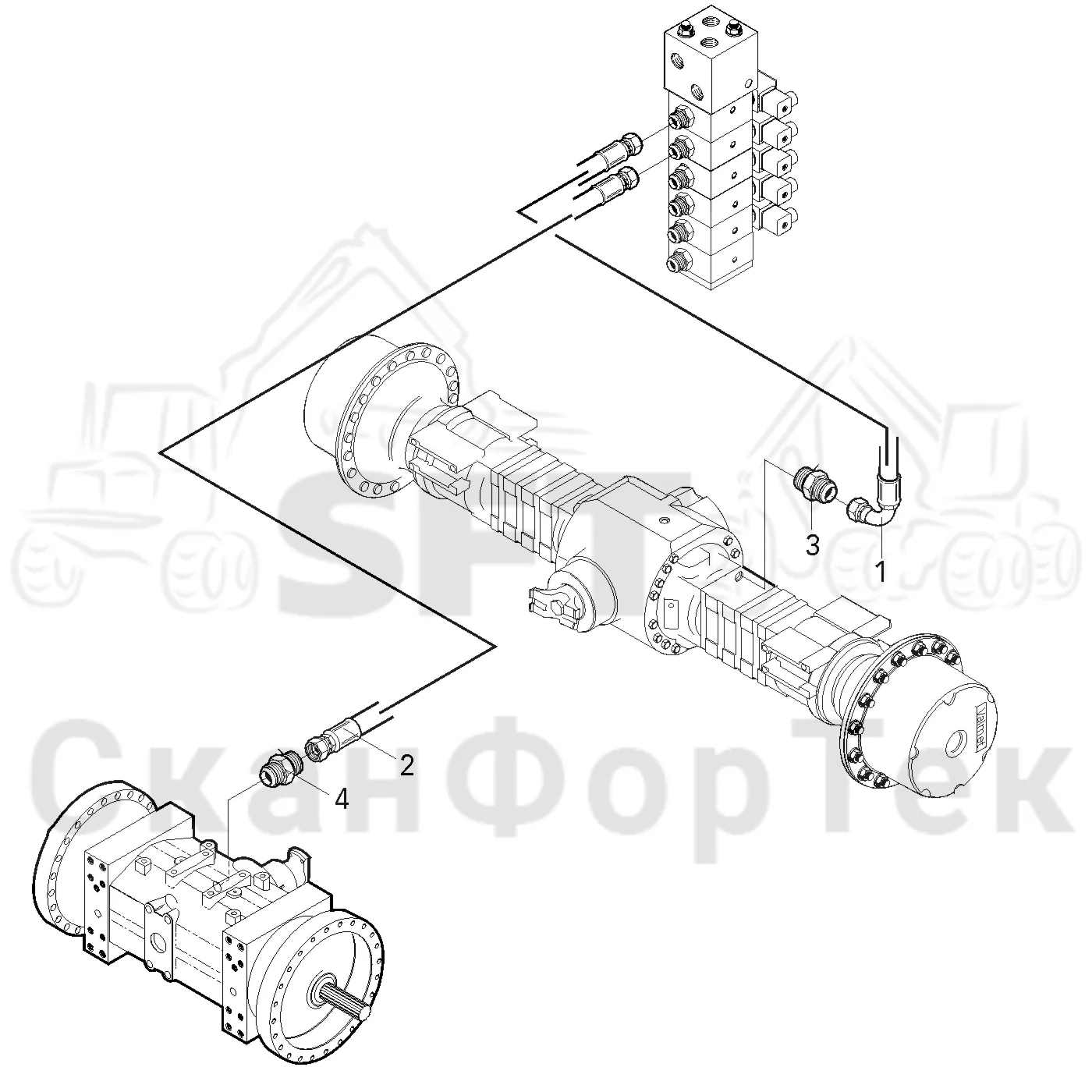 Схема: Valmet / Форвардер / Valmet 890.1 / Valmet 890.1 Ch. 117351-, 119441- / Valmet 890.1 Ch. 117351-, 119 / Каталог запасных частей / Оборудование захвата / Захват / Valmet 901.2 Ch. -211060 / Каталог запасных частей / Коробка передач / Блокировка дифференциала / Блокировка дифференциала на 6 колес