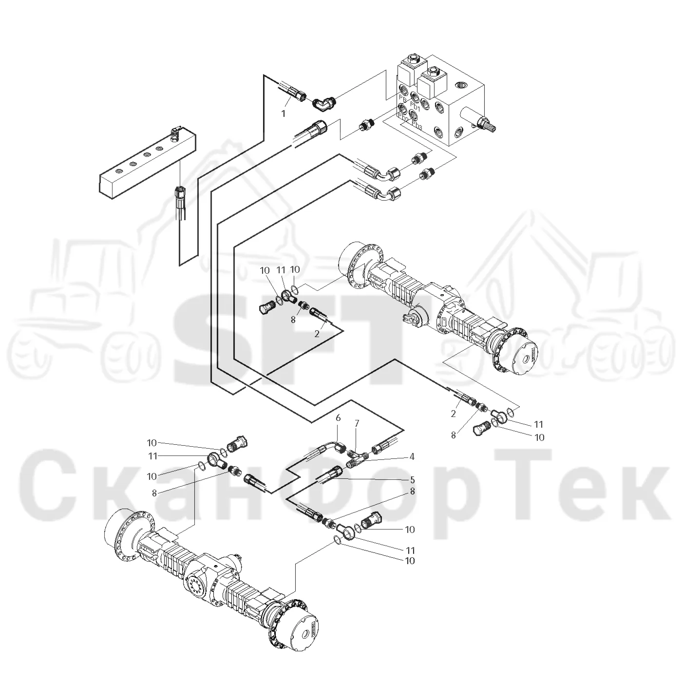 Схема: Valmet / Лесозаготовительные машины / Valmet 901.1 / Valmet 901.1 / Каталог запасных частей / Тормоза / Тормоза на 4 колеса / Гидравлический стояночный тормоз на 4 колеса