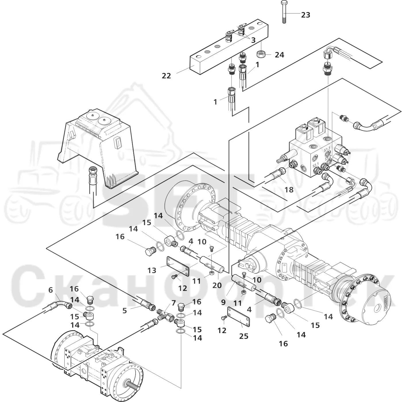 Схема: Valmet / Форвардер / Valmet 840.1 / Valmet 840.1 / Каталог запасных частей / Оборудование захвата / Захват / Valmet 901.2 Ch. -211060 / Каталог запасных частей / Тормоза / Тормоза на 6 колес / Гидравлический привод тормозов на 6 колес