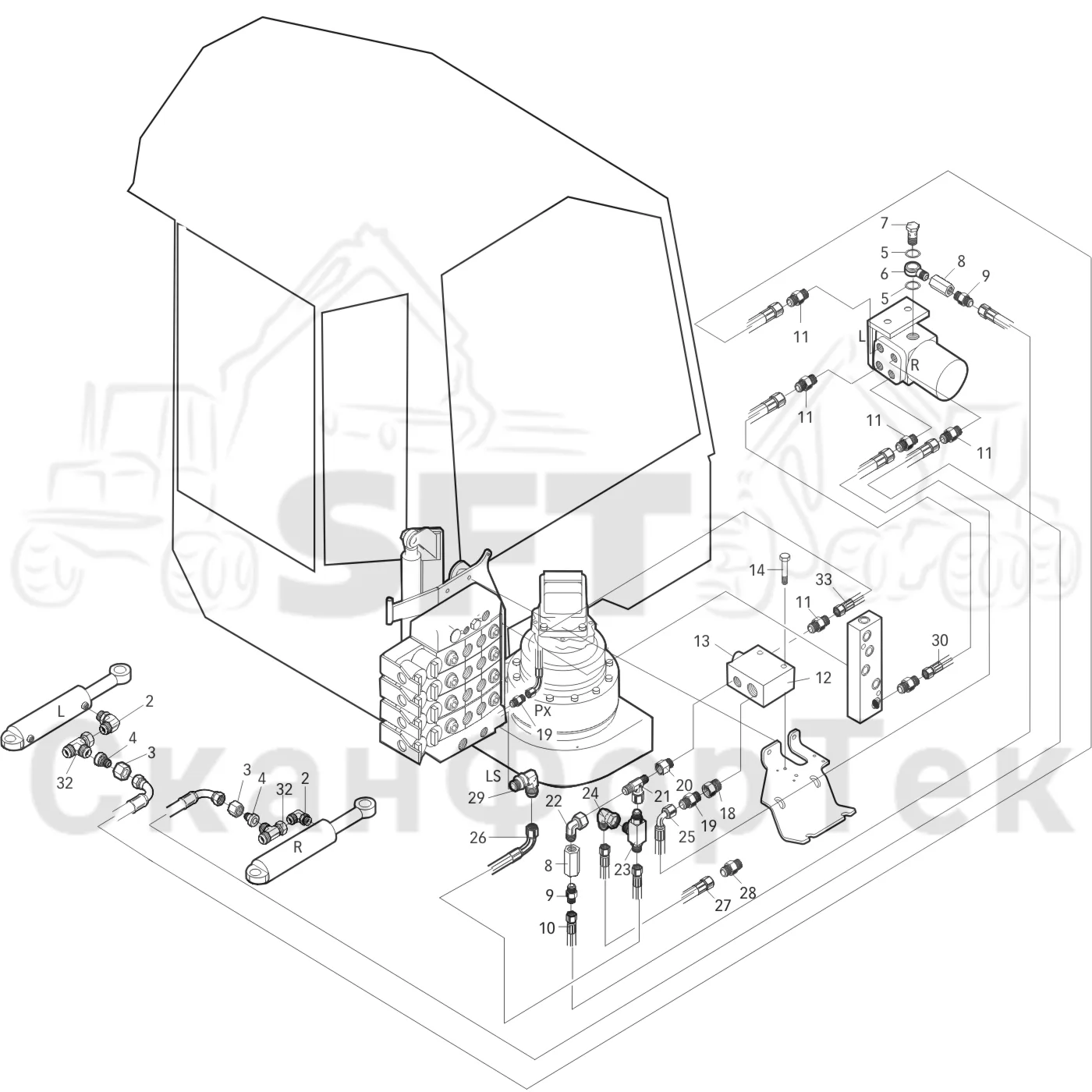 Схема: Valmet / Лесозаготовительные машины / Valmet 901.2 / Valmet 901.2 Ch. 211061- / Valmet 901.2 Ch. 211061- / Каталог запасных частей / Рулевое управление / Рулевое управление Orbitrol / Гидравлическое оборудование рулевого управления Orbitrol