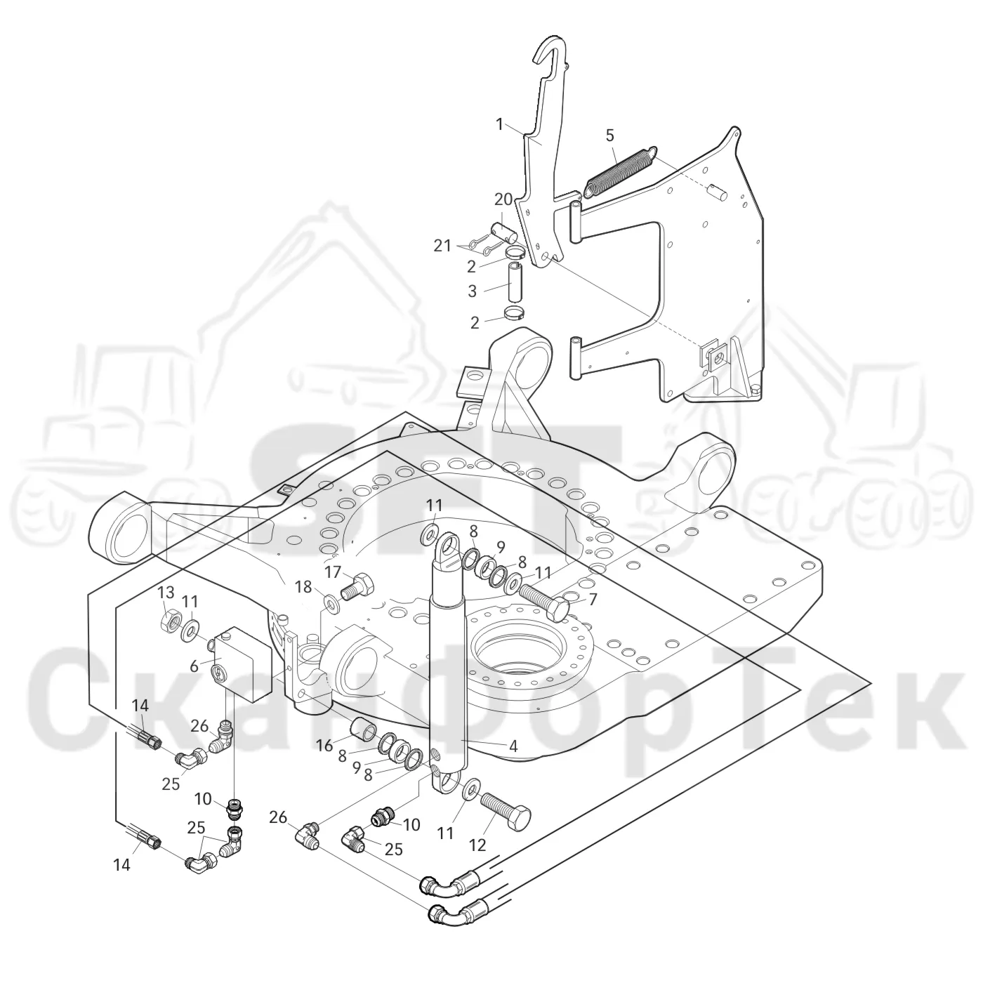 Схема: Valmet / Форвардер / Valmet 890.1 / Valmet 890.1 Ch. -117350, -119440 / Valmet 890.1 Ch. -117350, -11 / Каталог запасных частей / Оборудование захвата / Захват / Valmet 901.2 Ch. -211060 / Каталог запасных частей / Кабина / Кабина / Наклон кабины