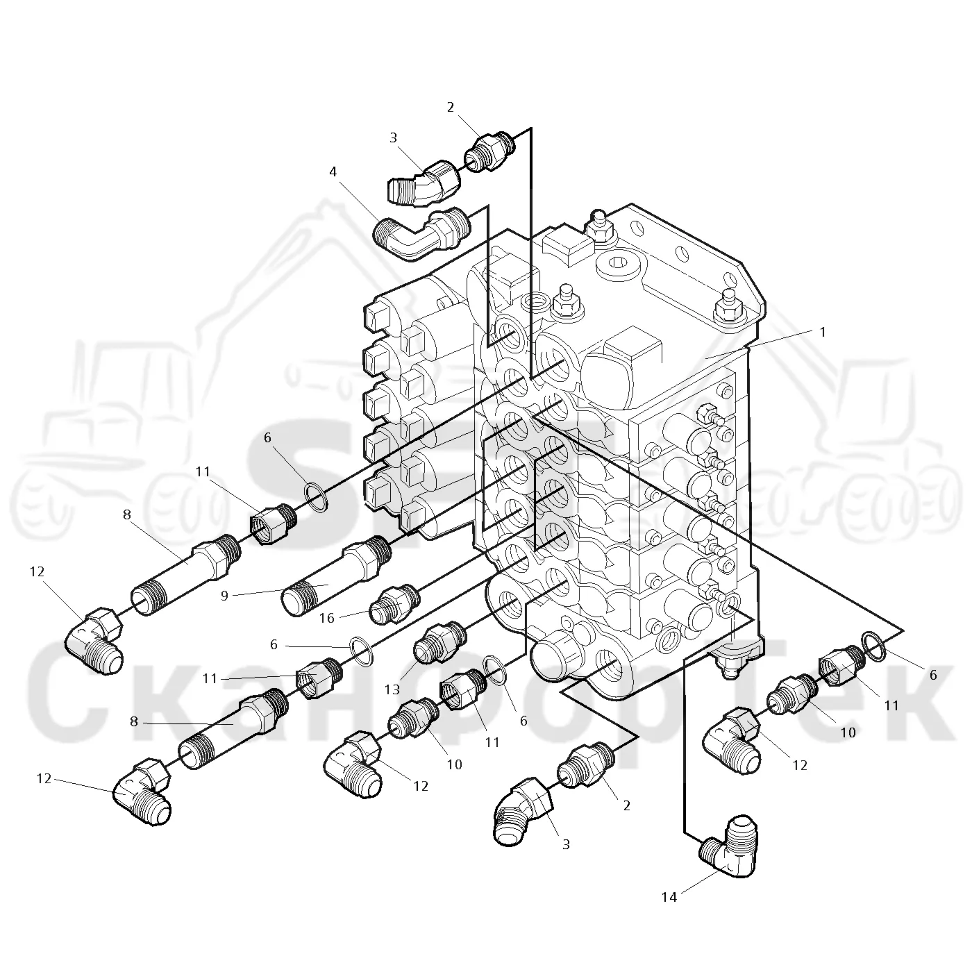 Схема: Valmet / Форвардер / Valmet 890.1 / Valmet 890.1 Ch. -117350, -119440 / Valmet 890.1 Ch. -117350, -11 / Каталог запасных частей / Оборудование захвата / Захват / Valmet 901.2 Ch. -211060 / Каталог запасных частей / Гидравлика / Клапан подъемного крана CRH / Клапан подъемного крана CRH