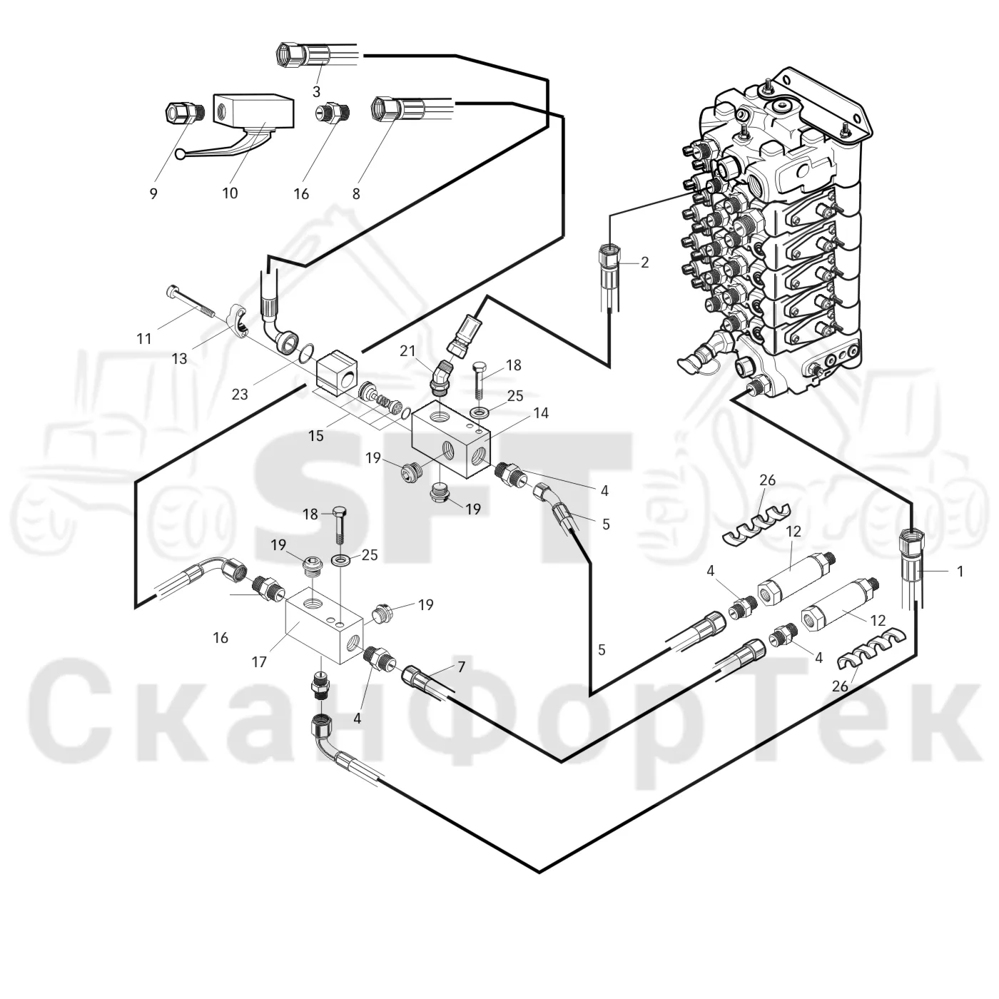 Схема: Valmet / Форвардер / Valmet 860.1 / Valmet 860.1 Ch. -115420 / Valmet 860.1 Ch. -115420 / Каталог запасных частей / Оборудование захвата / Захват / Valmet 901.2 Ch. -211060 / Каталог запасных частей / Гидравлика / Клапан подъемного крана CRH / Система впуска-выпуска